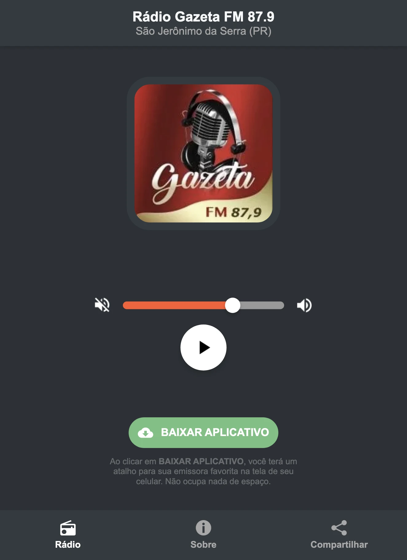 Screenshot do aplicativo da Rádio Gazeta FM 87.9