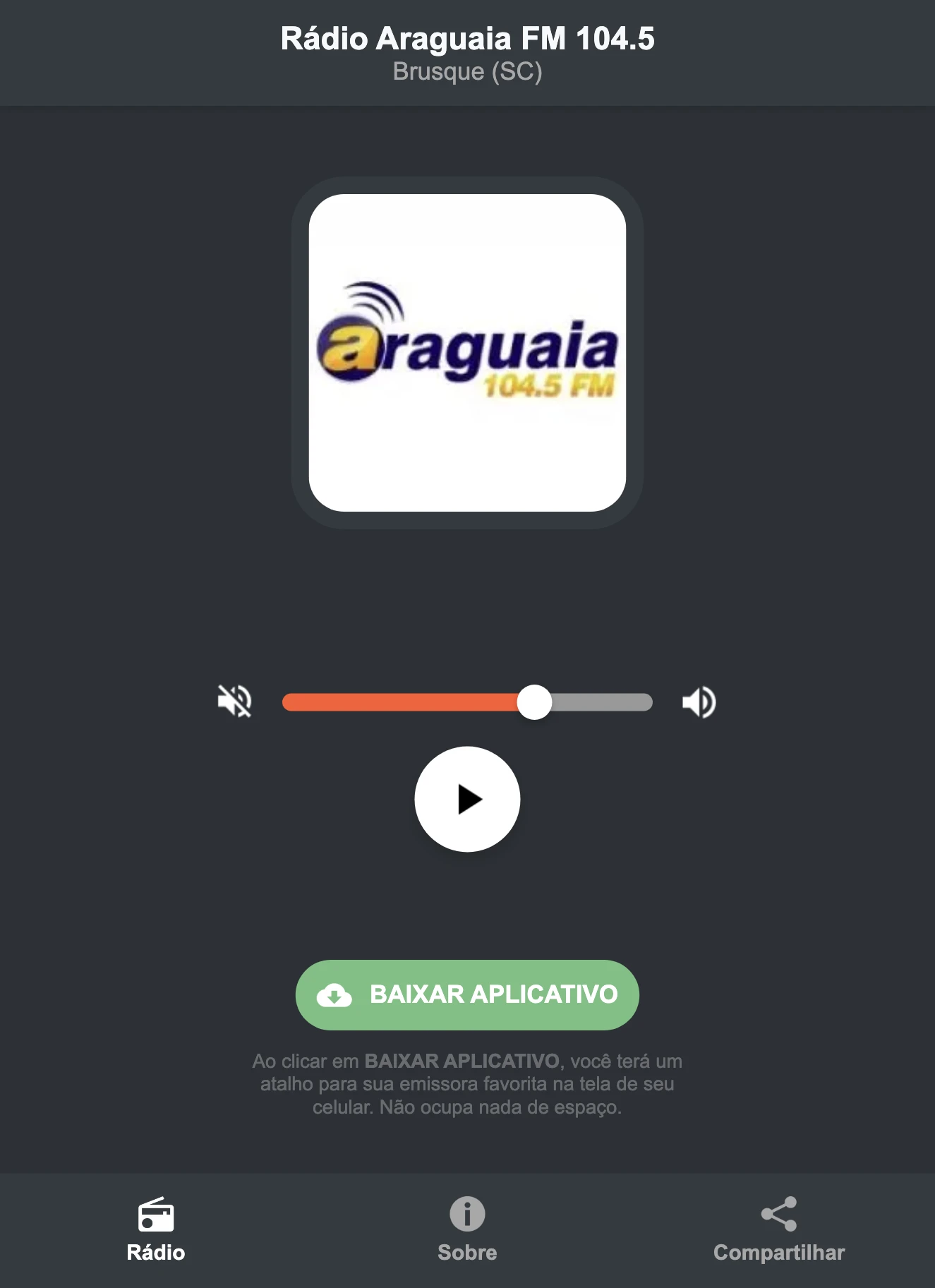 Screenshot do aplicativo da Rádio Araguaia FM 104.5