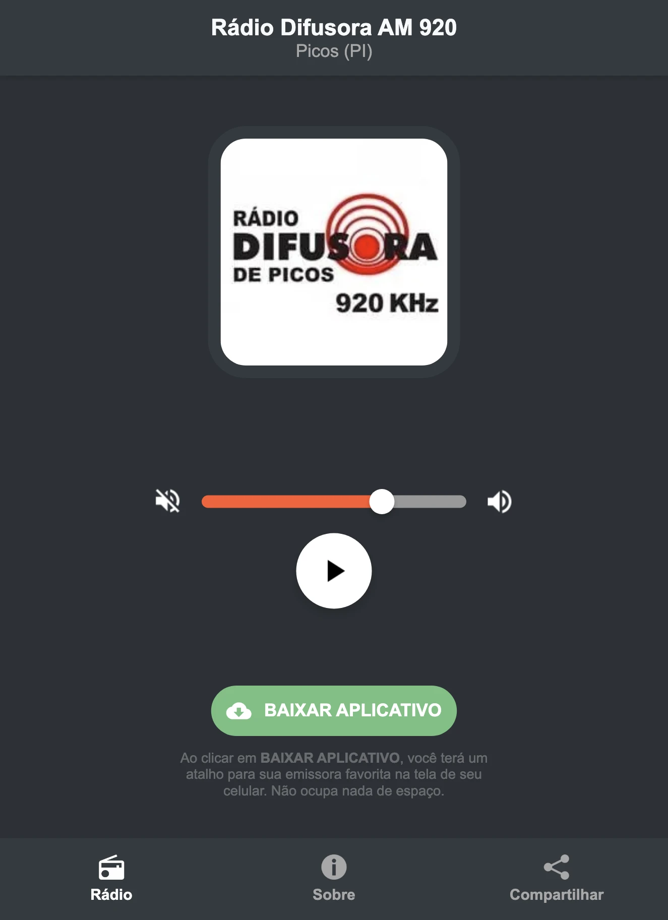 Screenshot do aplicativo da Rádio Difusora AM 920