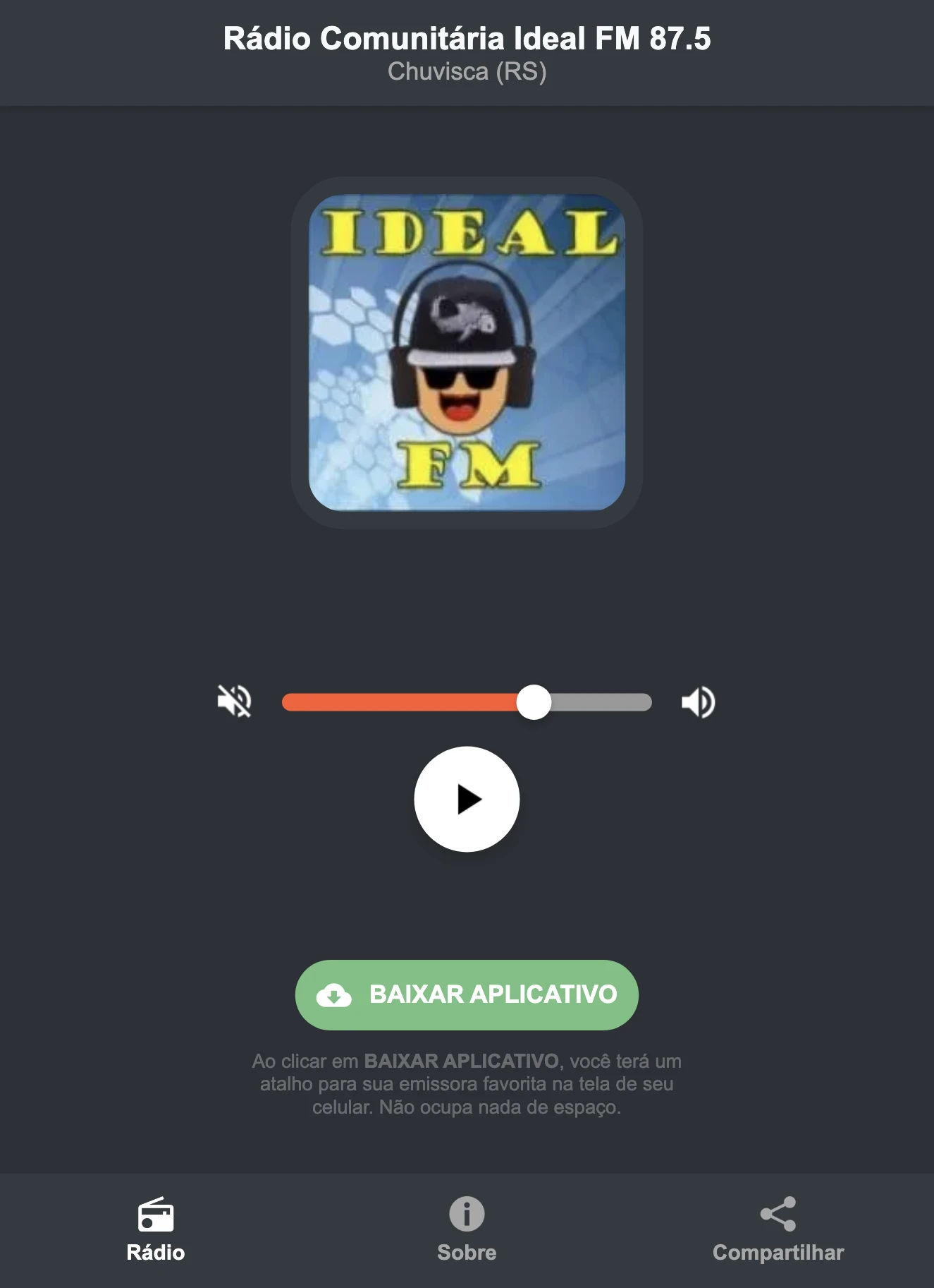 Screenshot do aplicativo da Rádio Comunitária Ideal FM 87.5