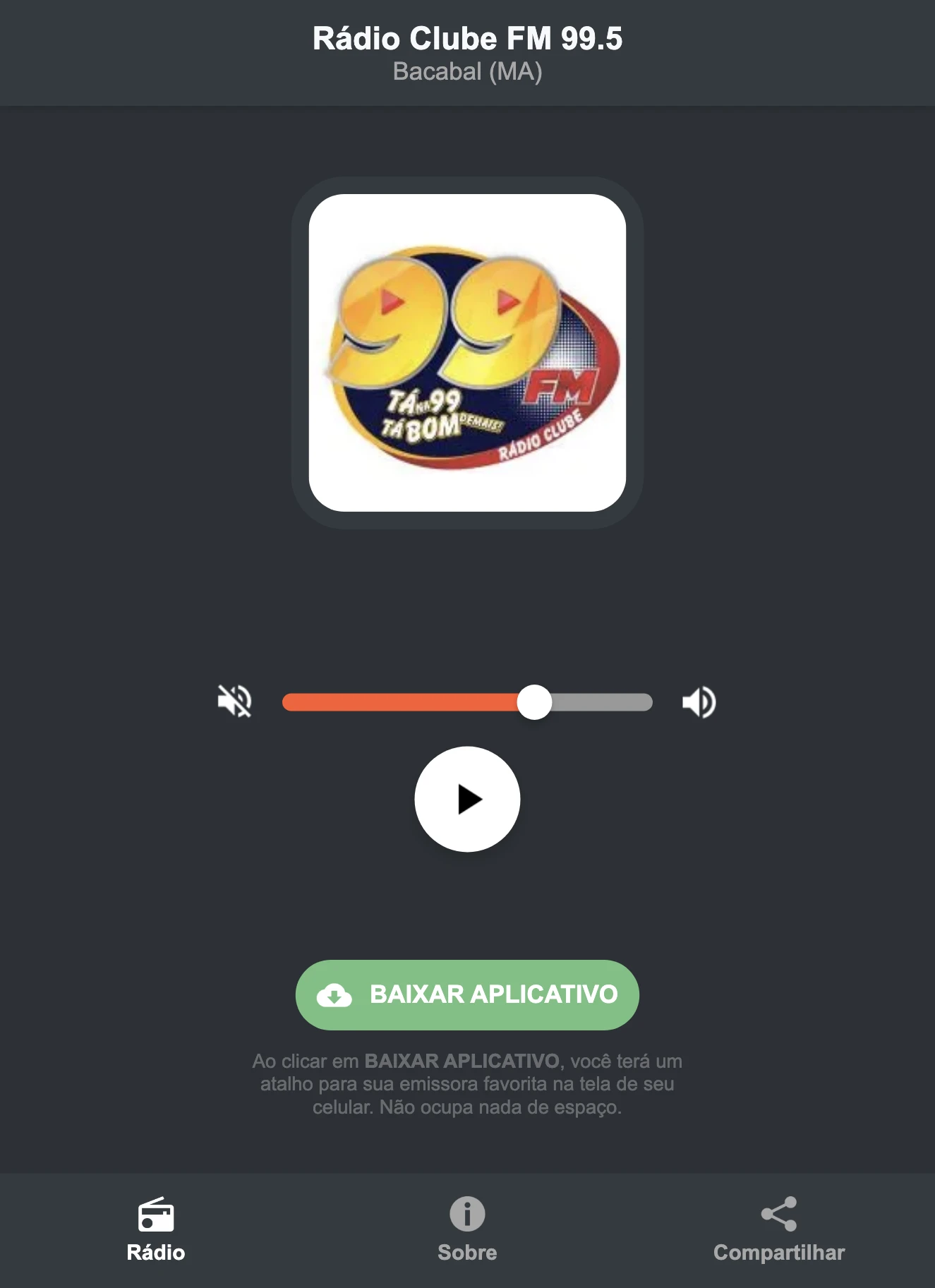 Screenshot do aplicativo da Rádio Clube FM 99.5