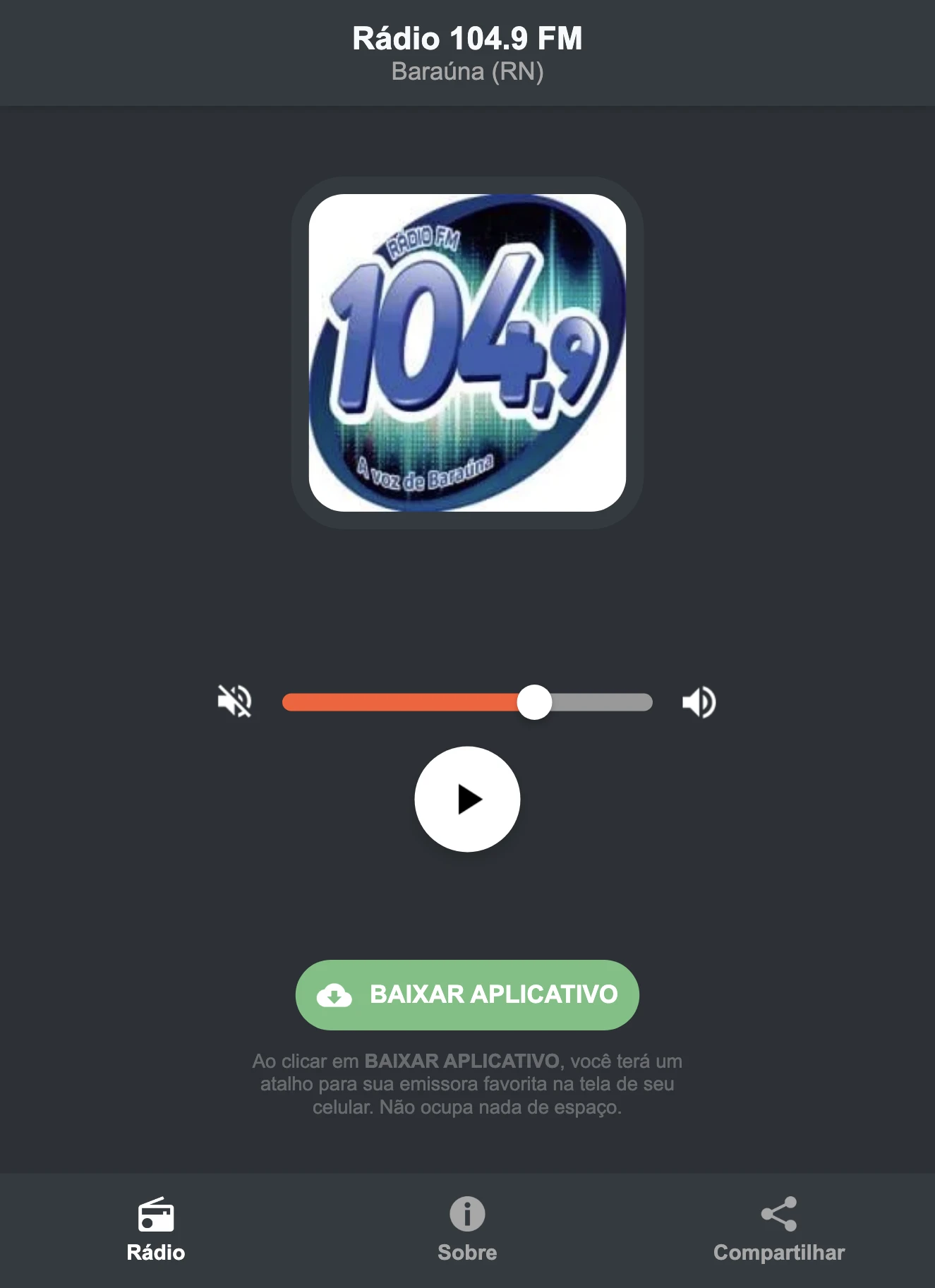 Screenshot do aplicativo da Rádio 104.9 FM