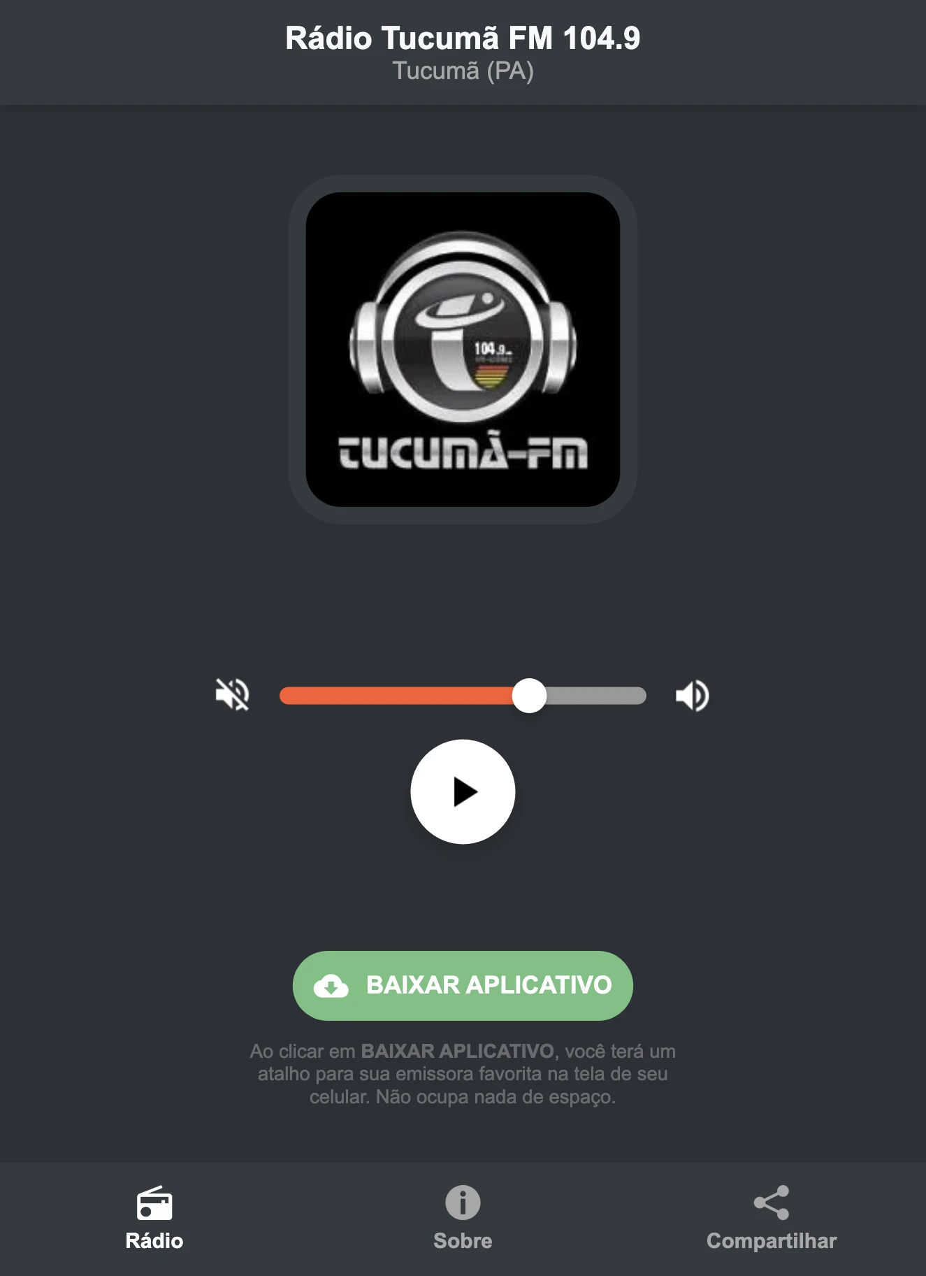 Screenshot do aplicativo da Rádio Tucumã FM 104.9