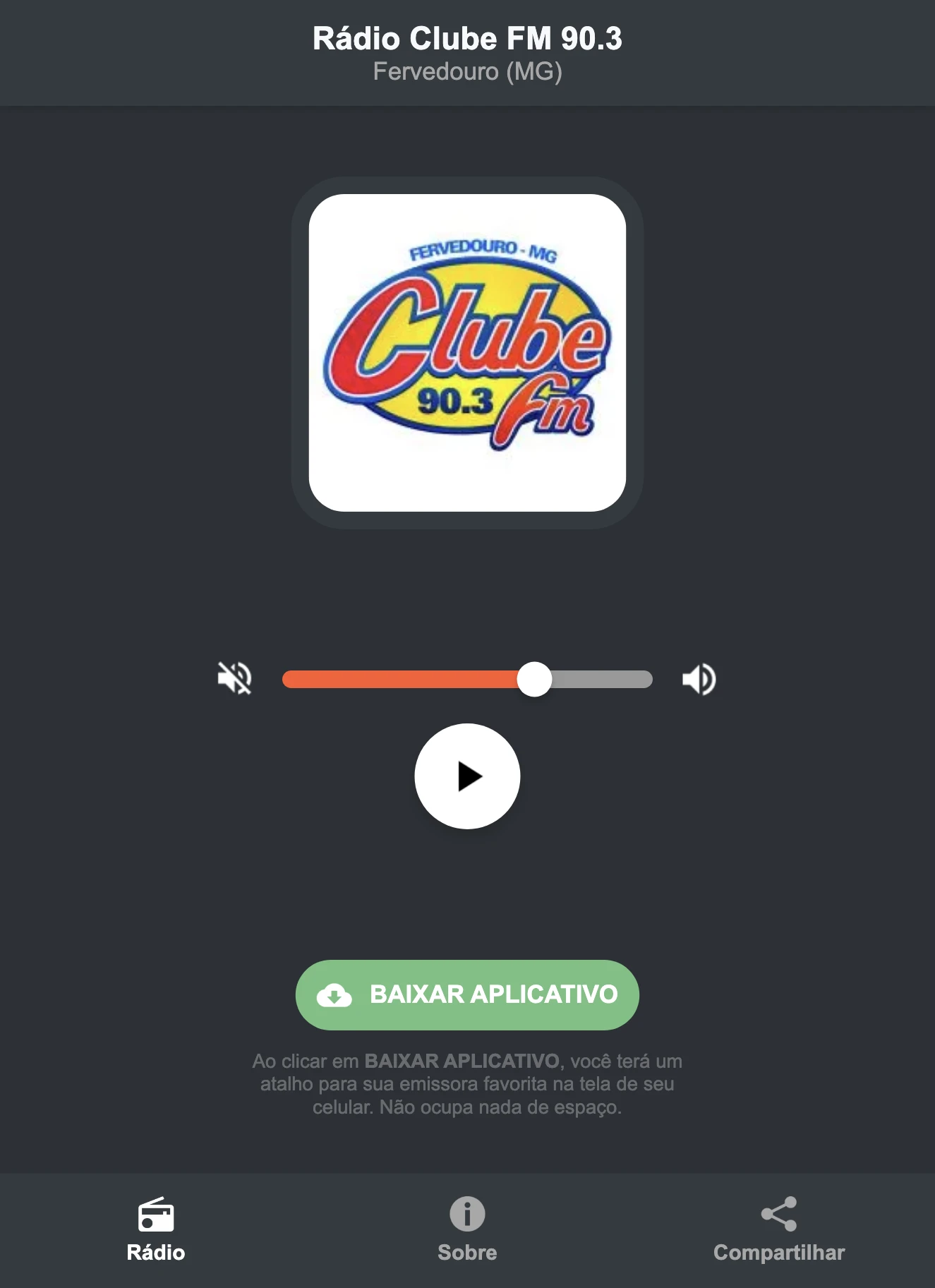 Screenshot do aplicativo da Rádio Clube FM 90.3