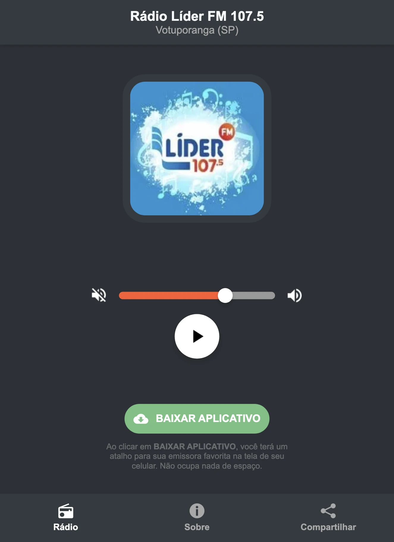 Screenshot do aplicativo da Rádio Líder FM 107.5