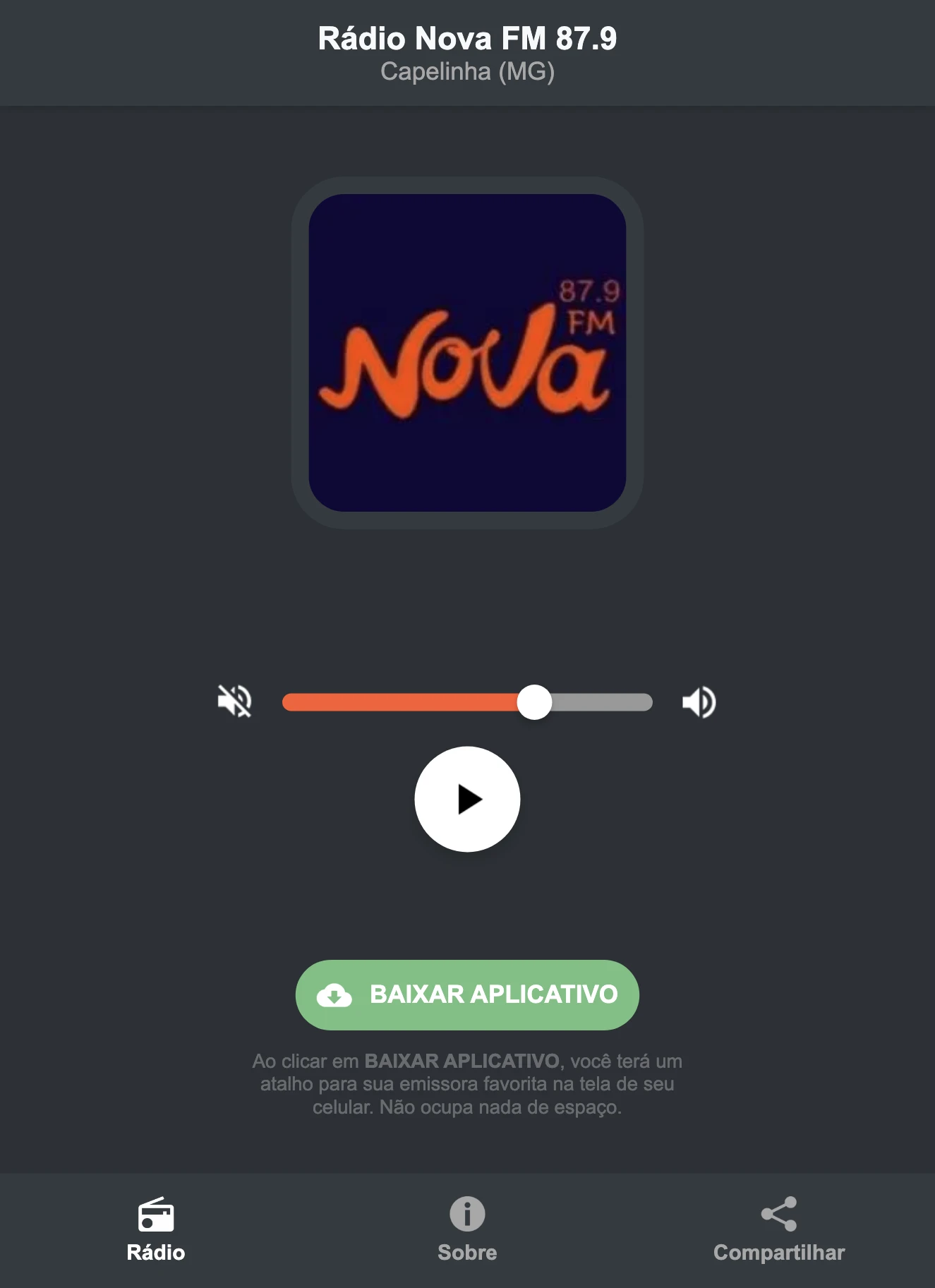 Screenshot do aplicativo da Rádio Nova FM 87.9
