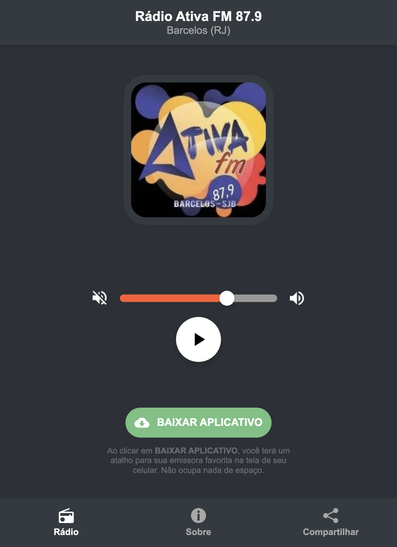 Screenshot do aplicativo da Rádio Ativa FM 87.9