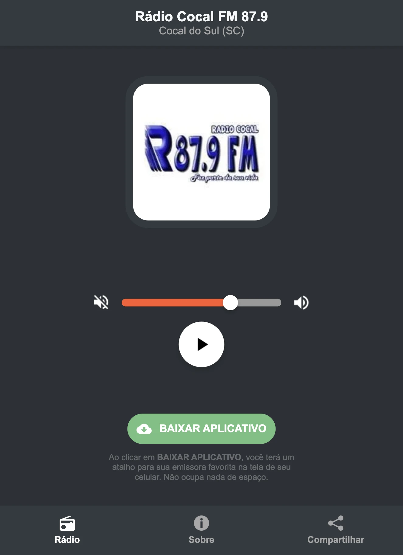 Screenshot do aplicativo da Rádio Cocal FM 87.9