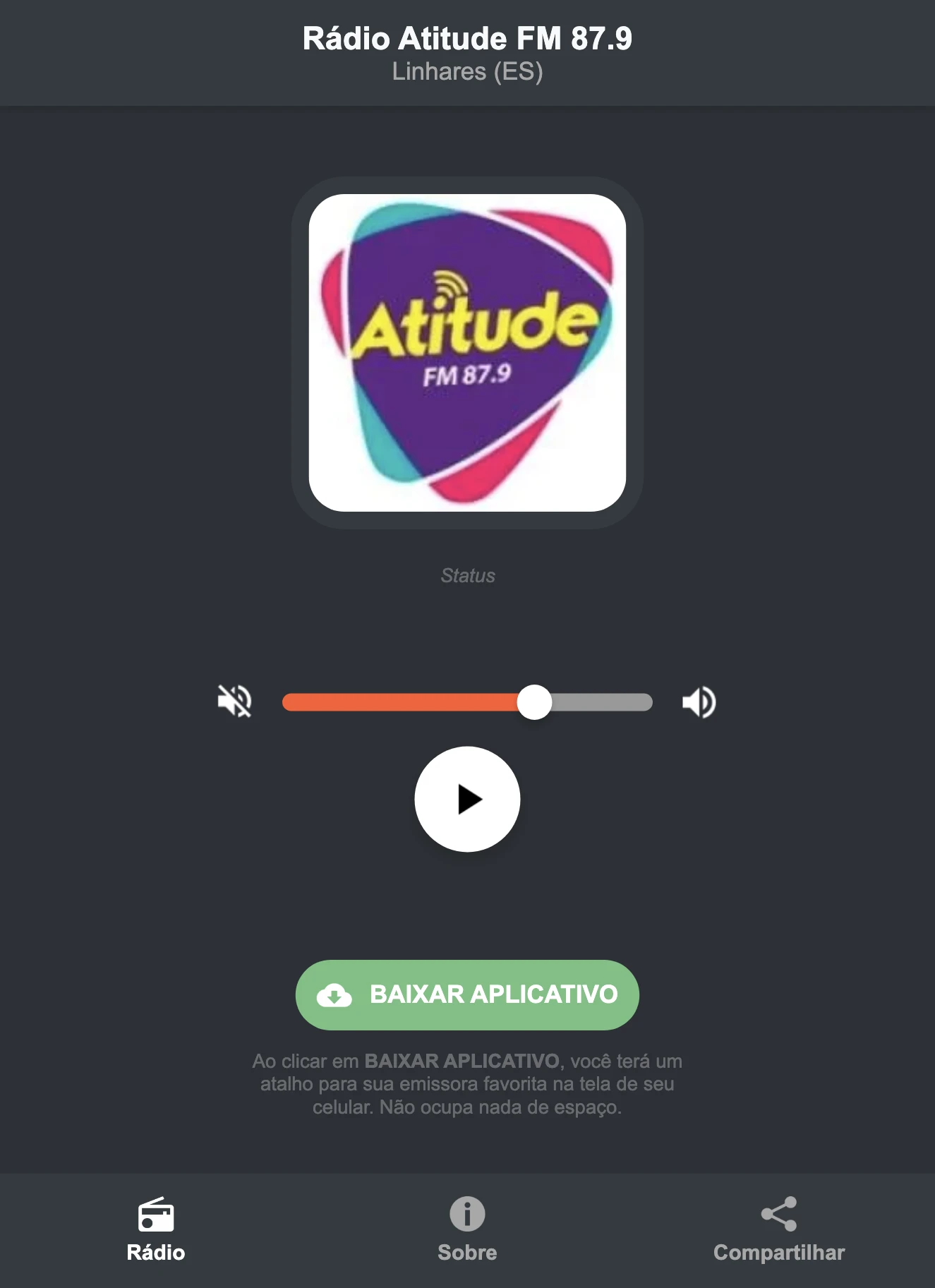 Screenshot do aplicativo da Rádio Atitude FM 87.9