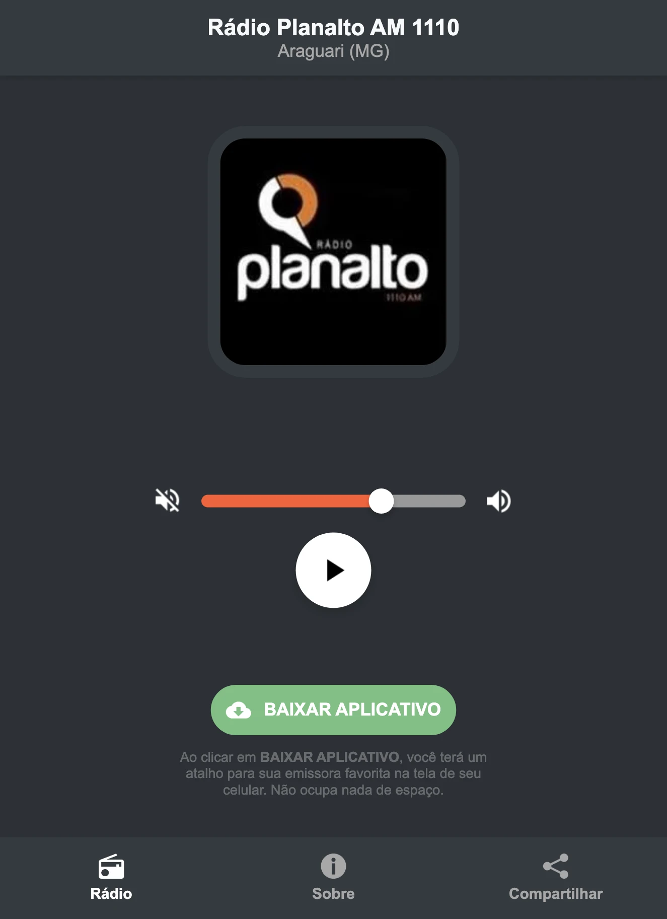 Screenshot do aplicativo da Rádio Planalto AM 1110