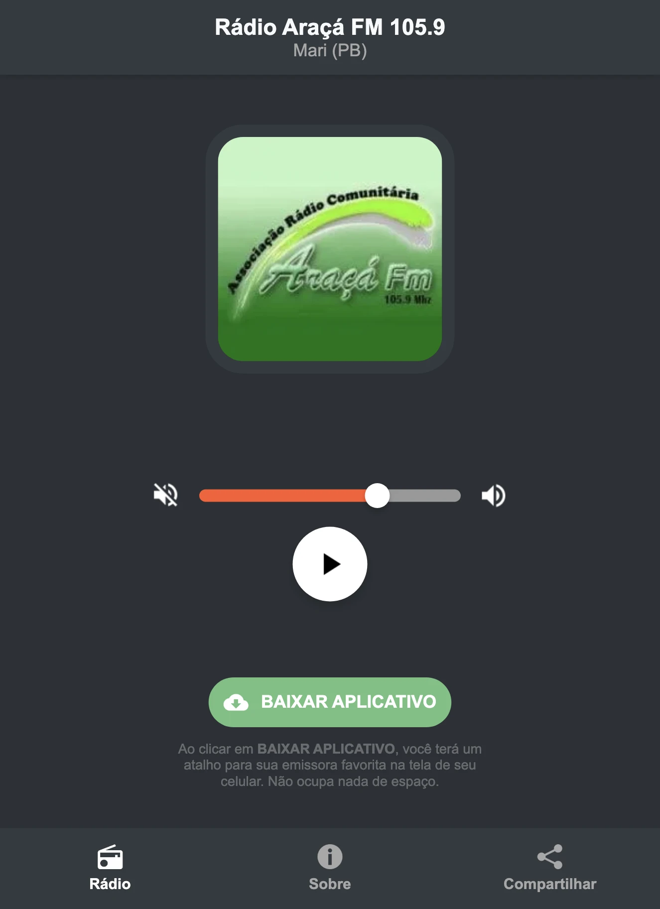 Screenshot do aplicativo da Rádio Araçá FM 105.9
