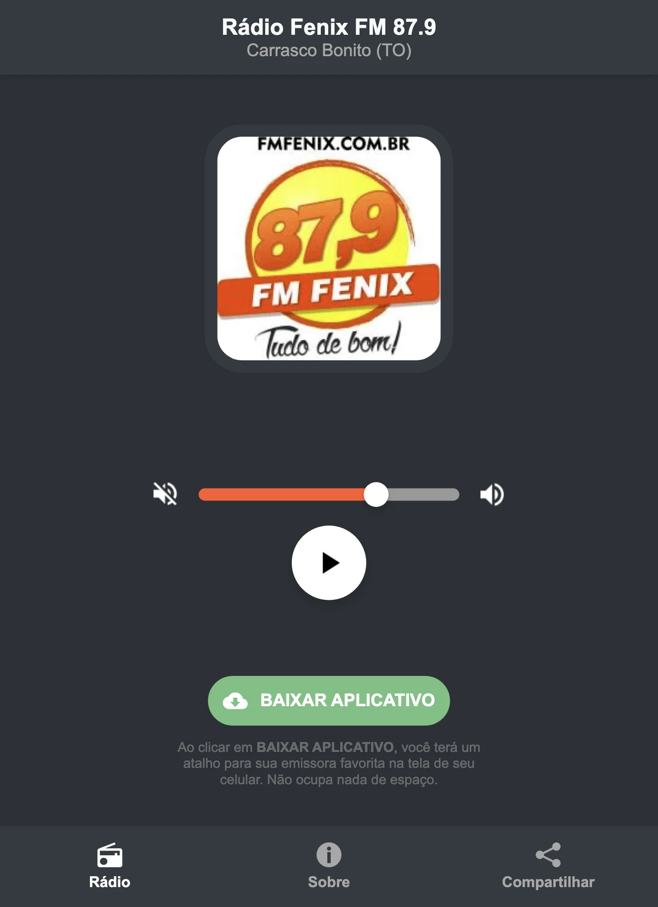 Screenshot do aplicativo da Rádio Fenix FM 87.9