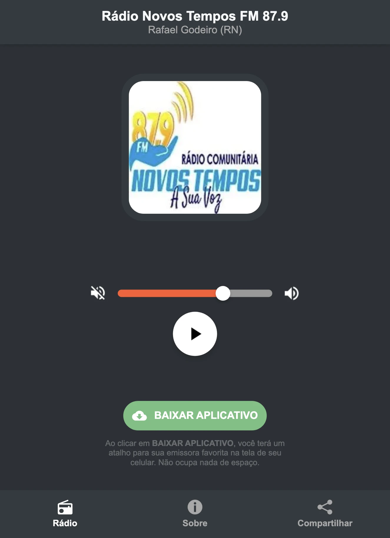 Screenshot do aplicativo da Rádio Novos Tempos FM 87.9