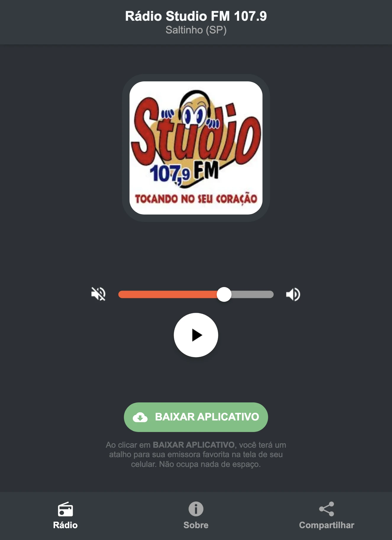 Screenshot do aplicativo da Rádio Studio FM 107.9