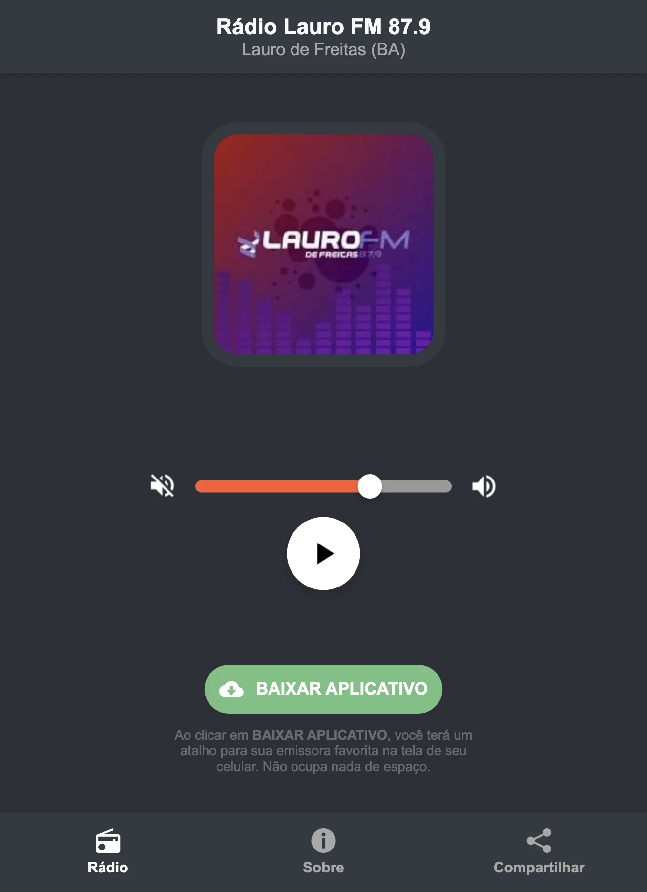 Screenshot do aplicativo da Rádio Lauro FM 87.9