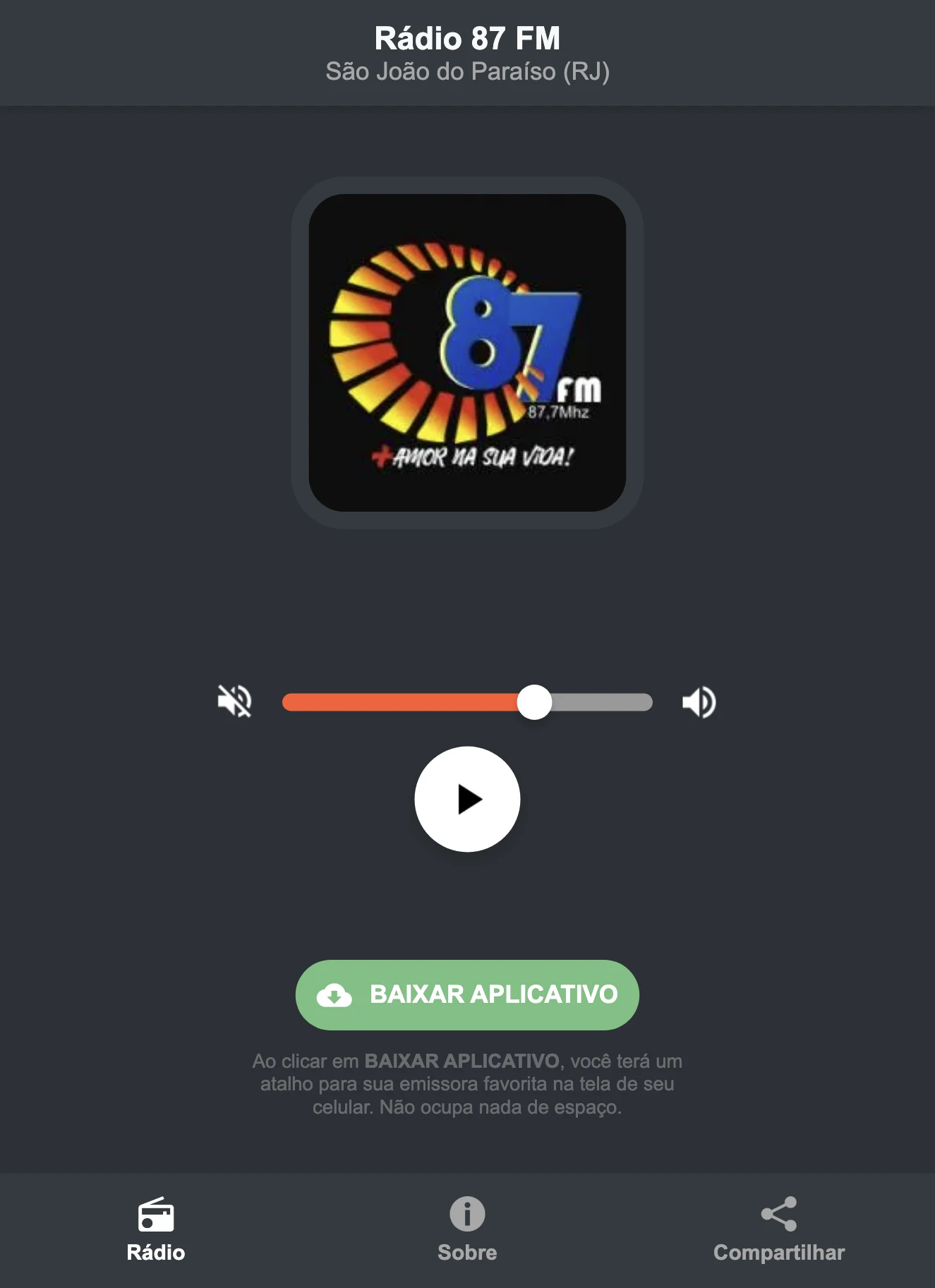 Screenshot do aplicativo da Rádio 87 FM