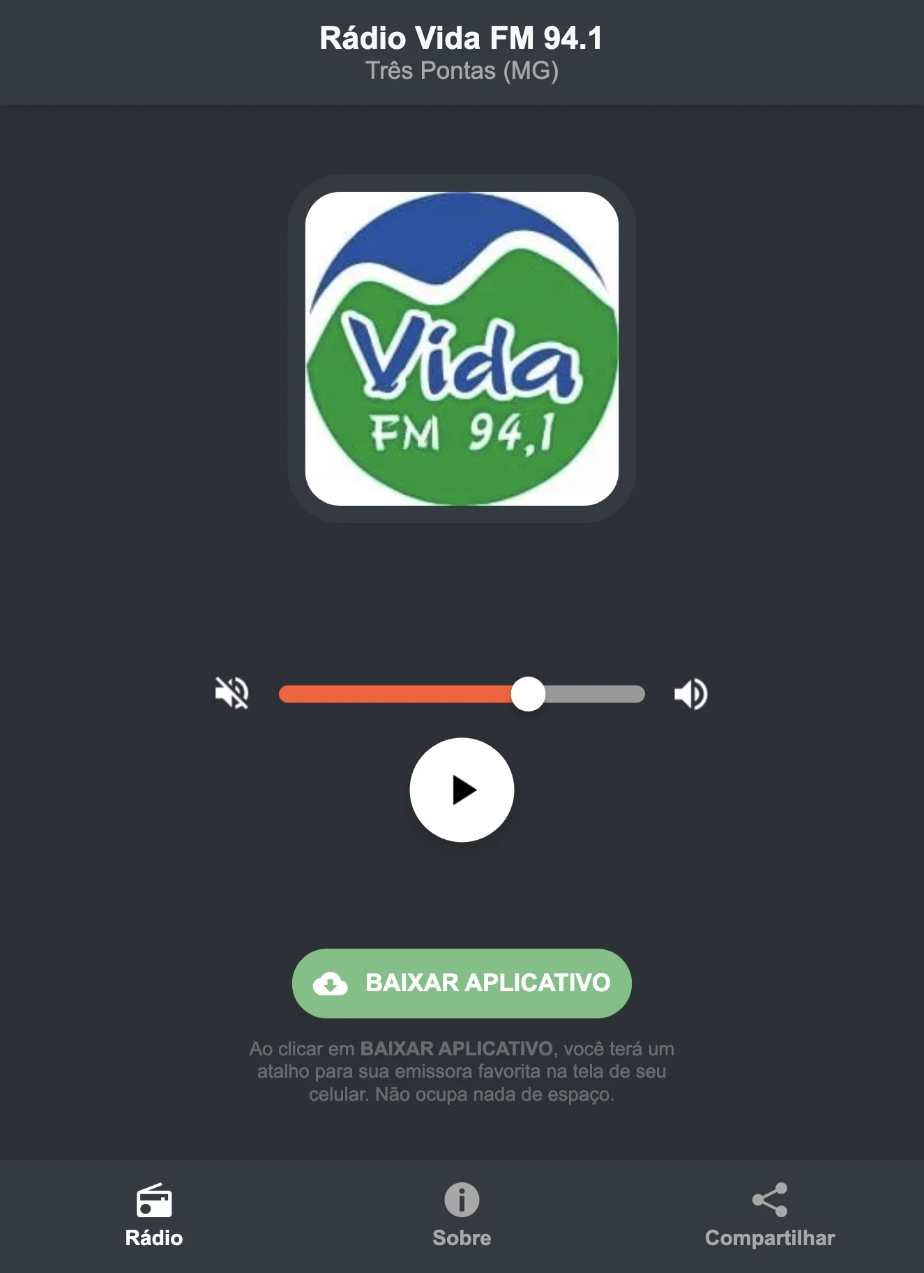 Screenshot do aplicativo da Rádio Vida FM 94.1