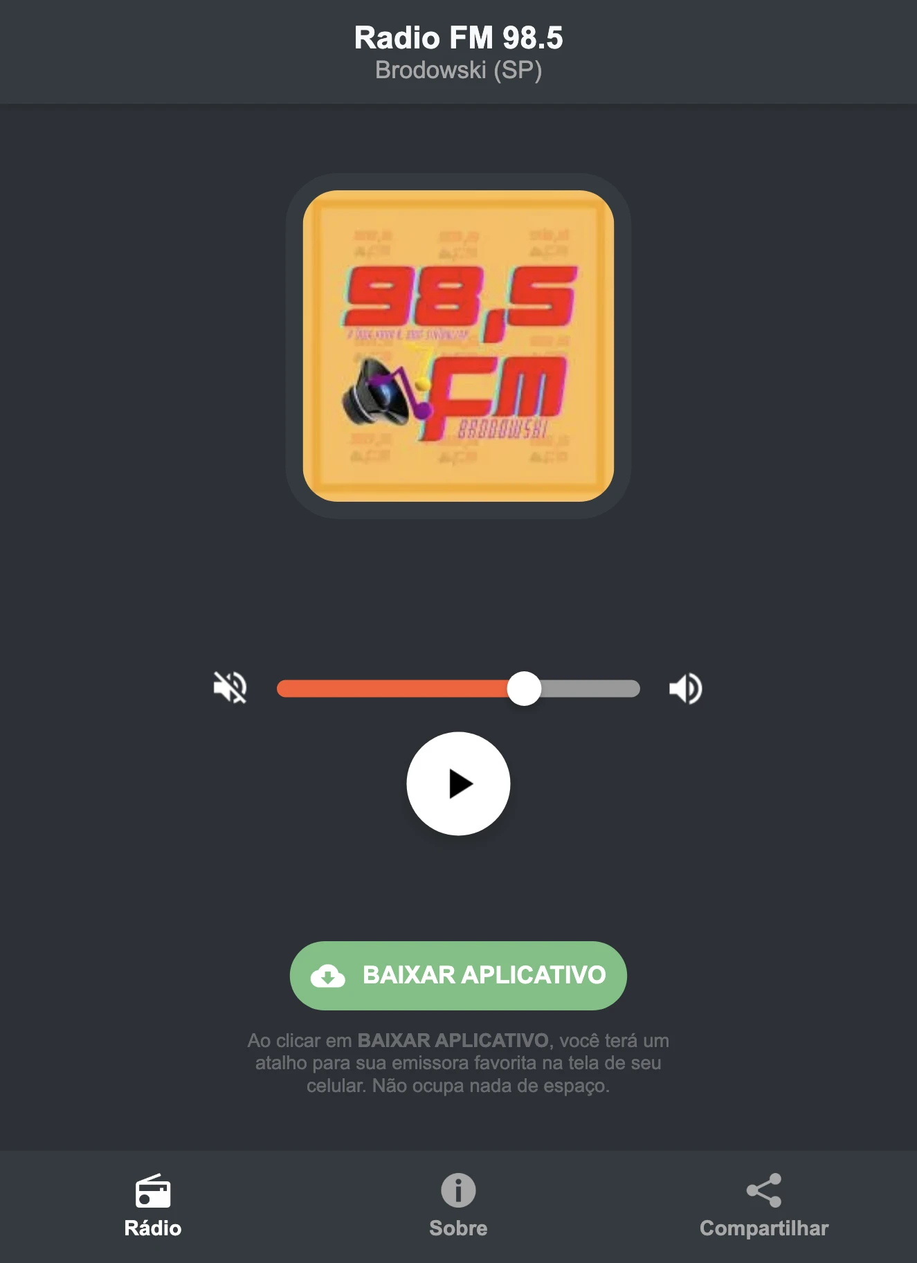 Screenshot do aplicativo da Radio FM 98.5