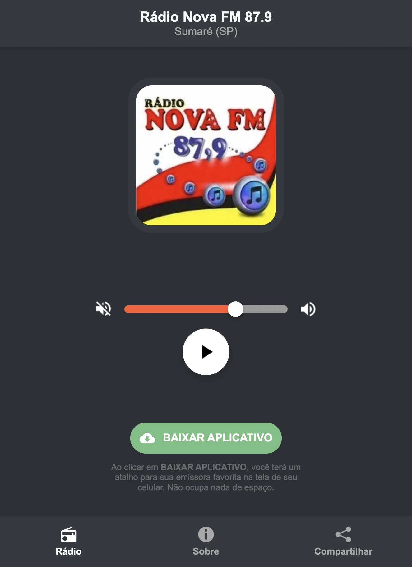 Screenshot do aplicativo da Rádio Nova FM 87.9