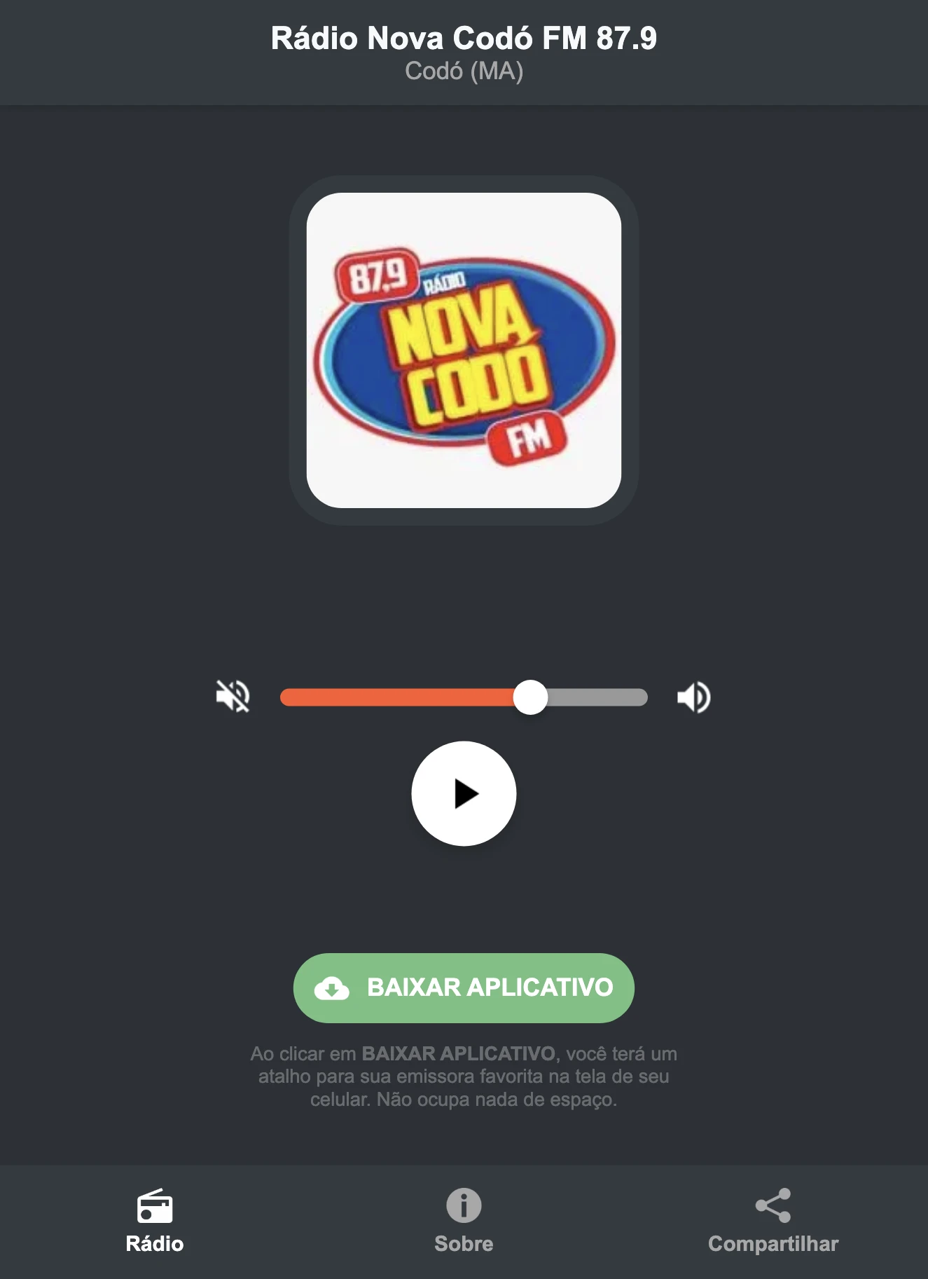 Screenshot do aplicativo da Rádio Nova Codó FM 87.9