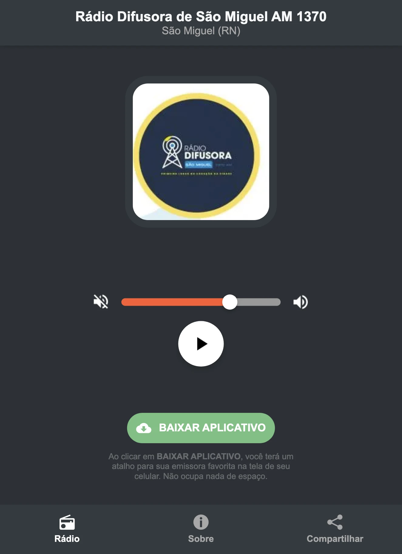 Screenshot do aplicativo da Rádio Difusora de São Miguel AM 1370