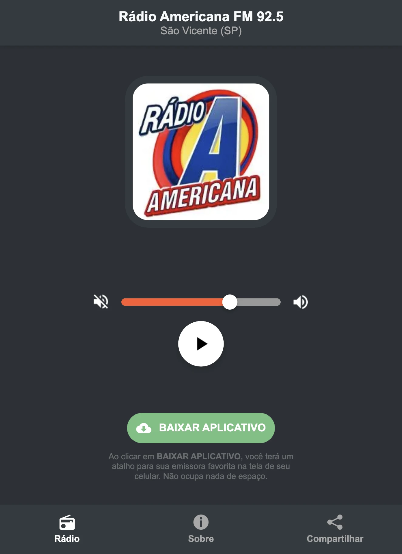 Screenshot do aplicativo da Rádio Americana FM 92.5