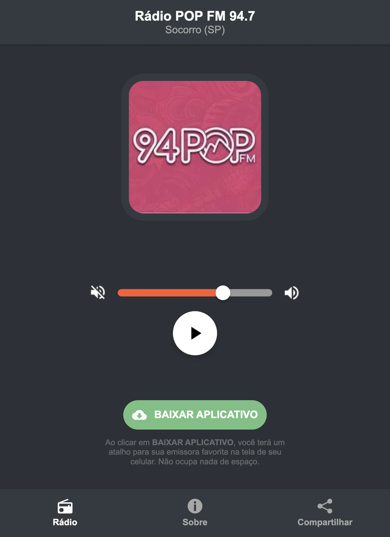 Screenshot do aplicativo da Rádio POP FM 94.7