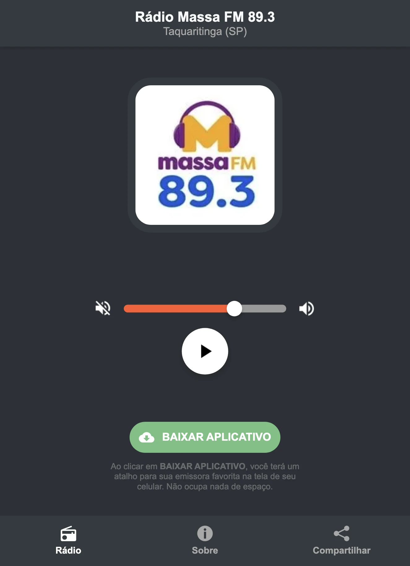 Screenshot do aplicativo da Rádio Massa FM 89.3