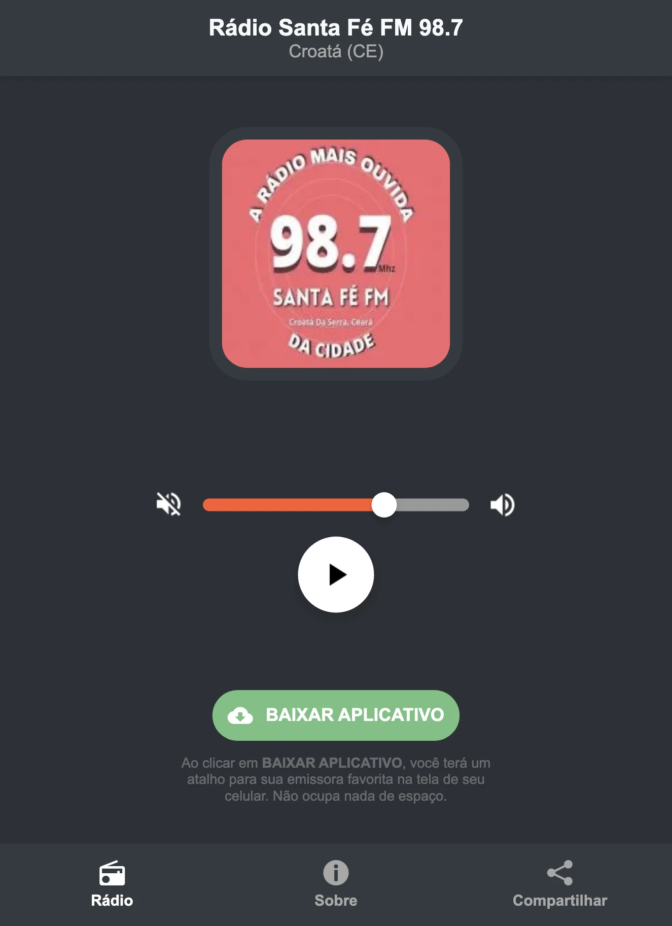 Screenshot do aplicativo da Rádio Santa Fé FM 98.7