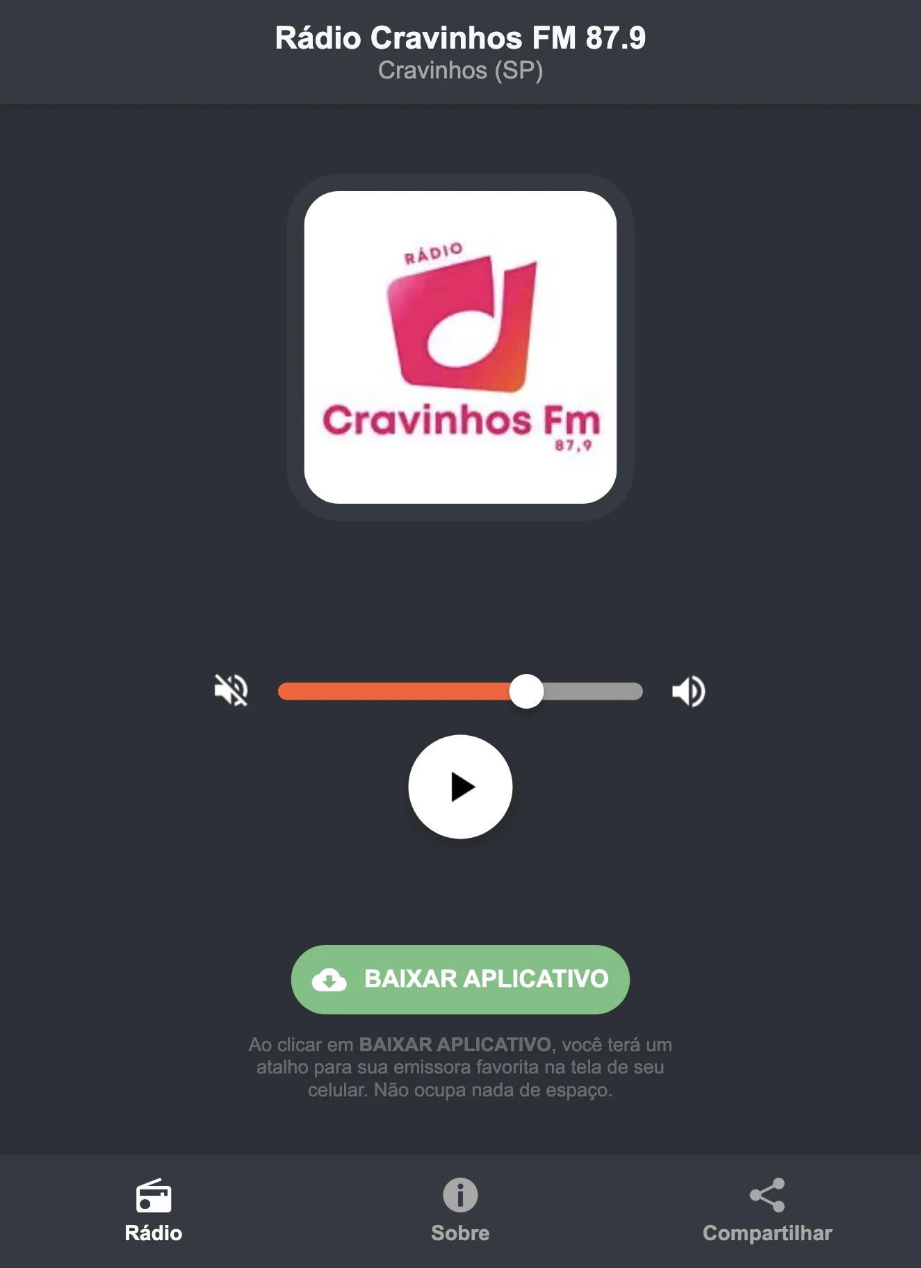 Screenshot do aplicativo da Rádio Cravinhos FM 87.9