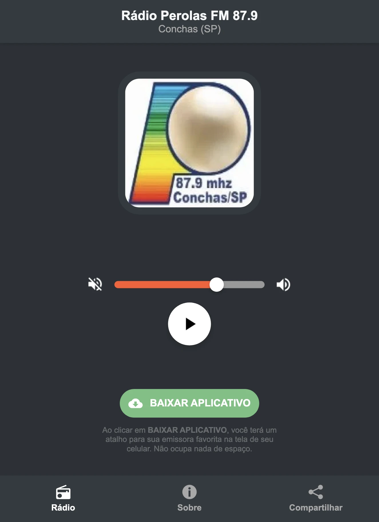 Screenshot do aplicativo da Rádio Perolas FM 87.9