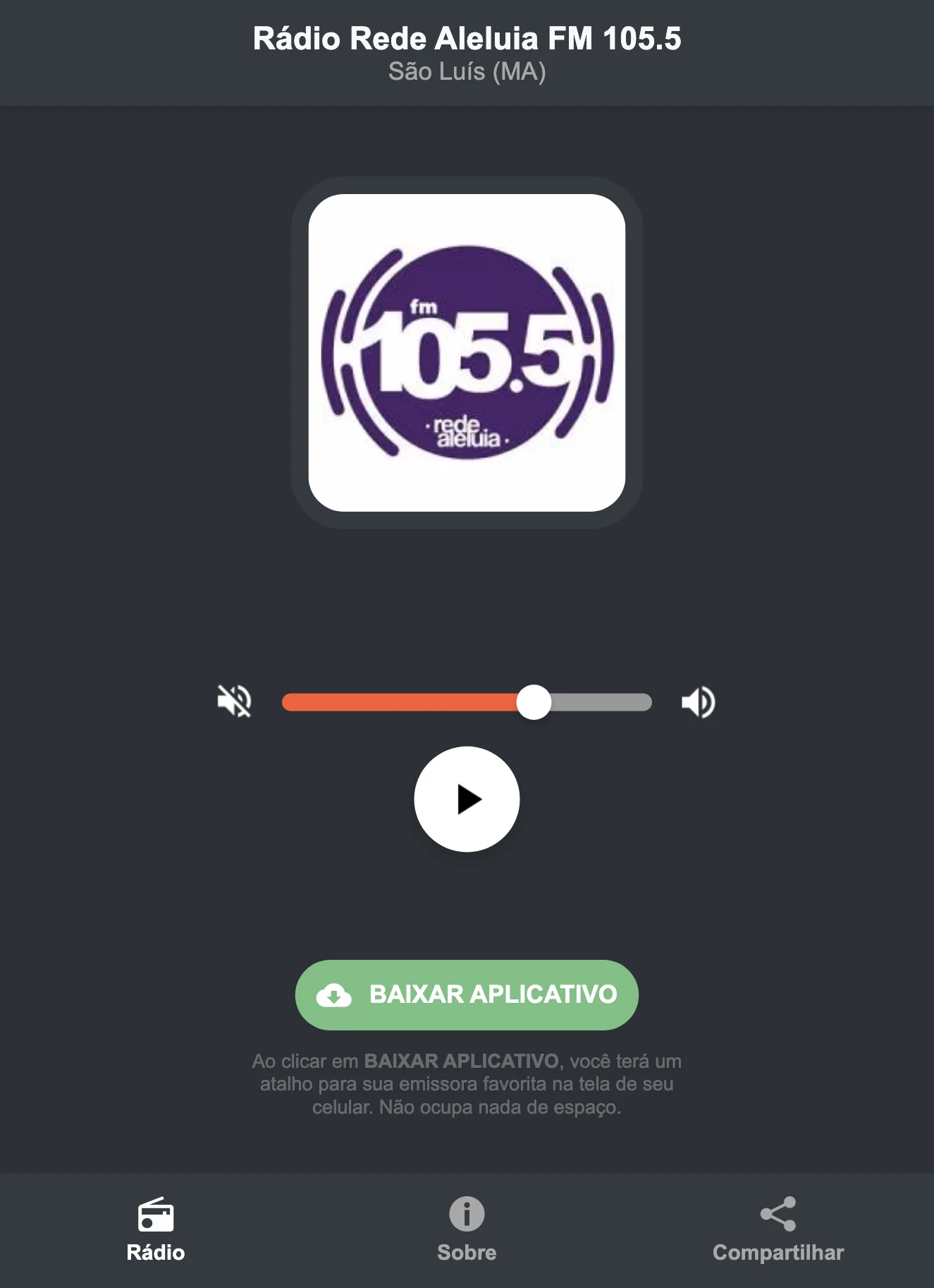 Screenshot do aplicativo da Rádio Rede Aleluia FM 105.5