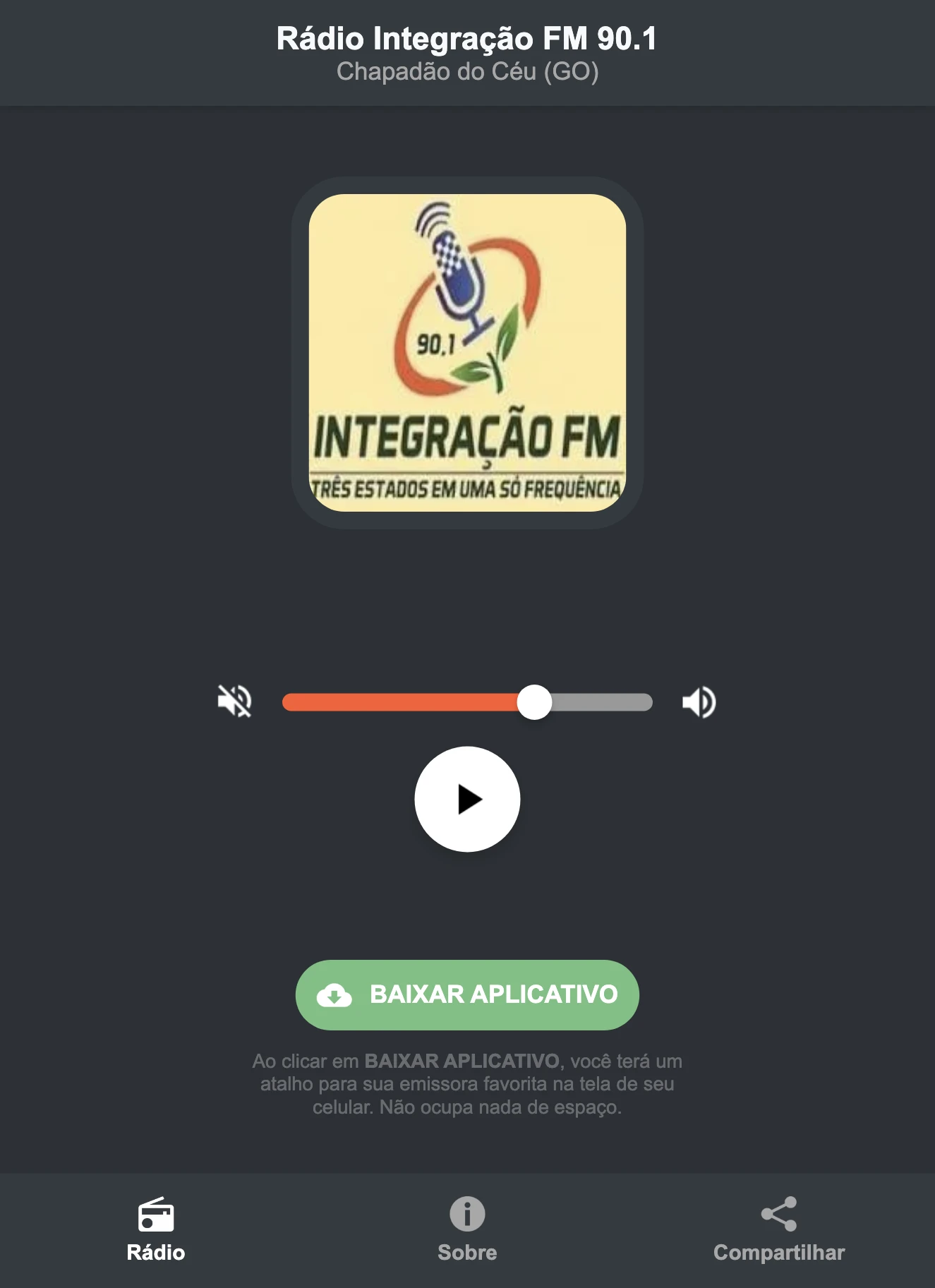 Screenshot do aplicativo da Rádio Integração FM 90.1