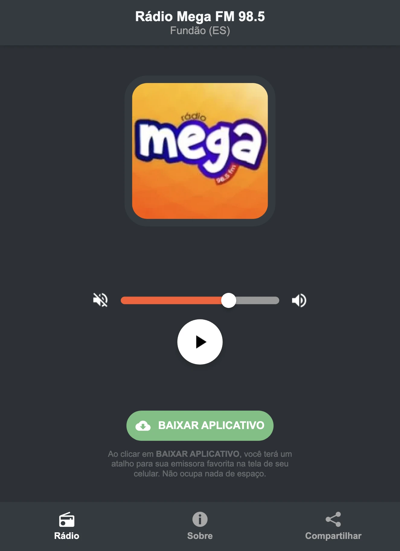 Screenshot do aplicativo da Rádio Mega FM 98.5