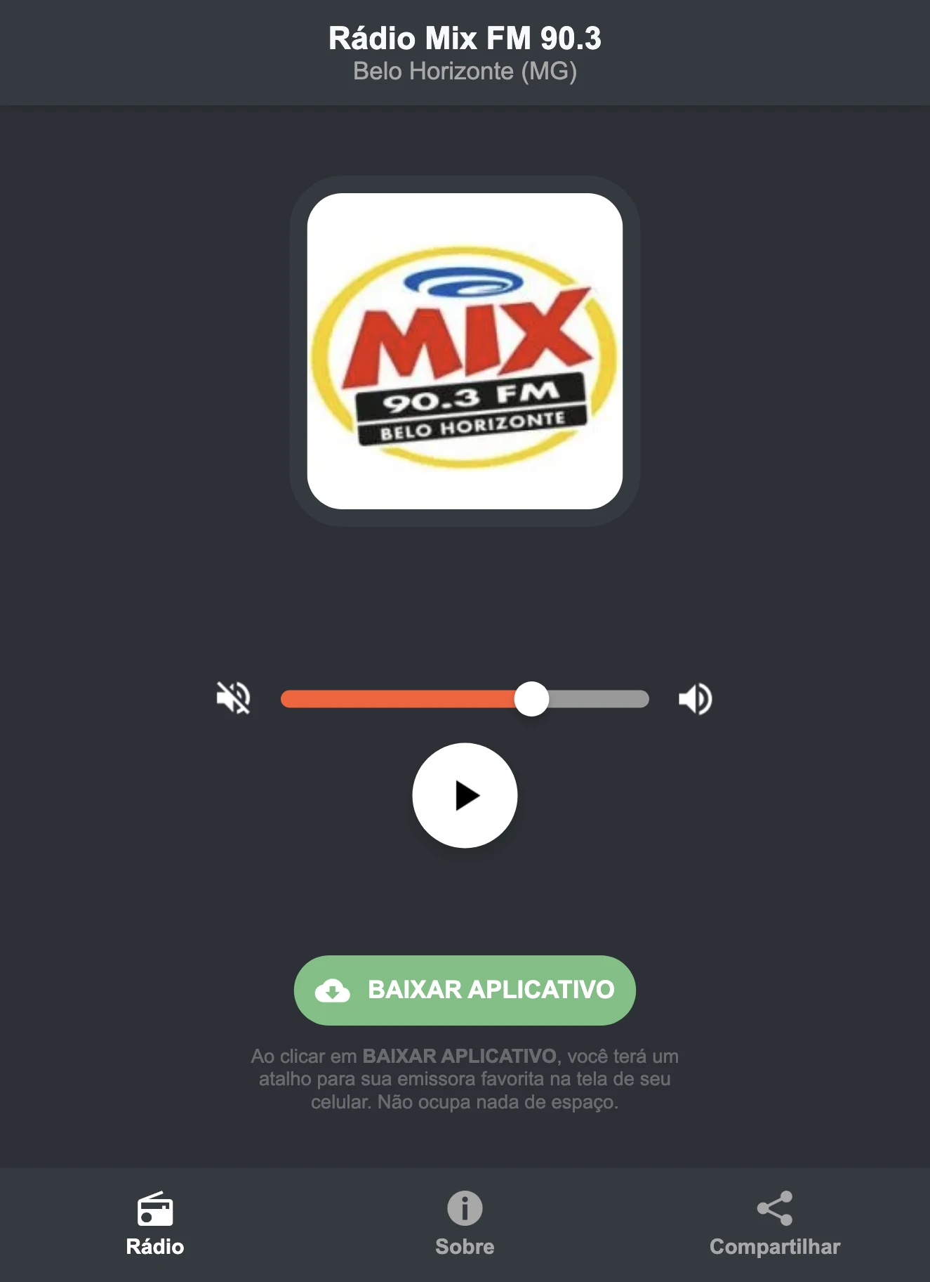 Screenshot do aplicativo da Rádio Mix FM 90.3
