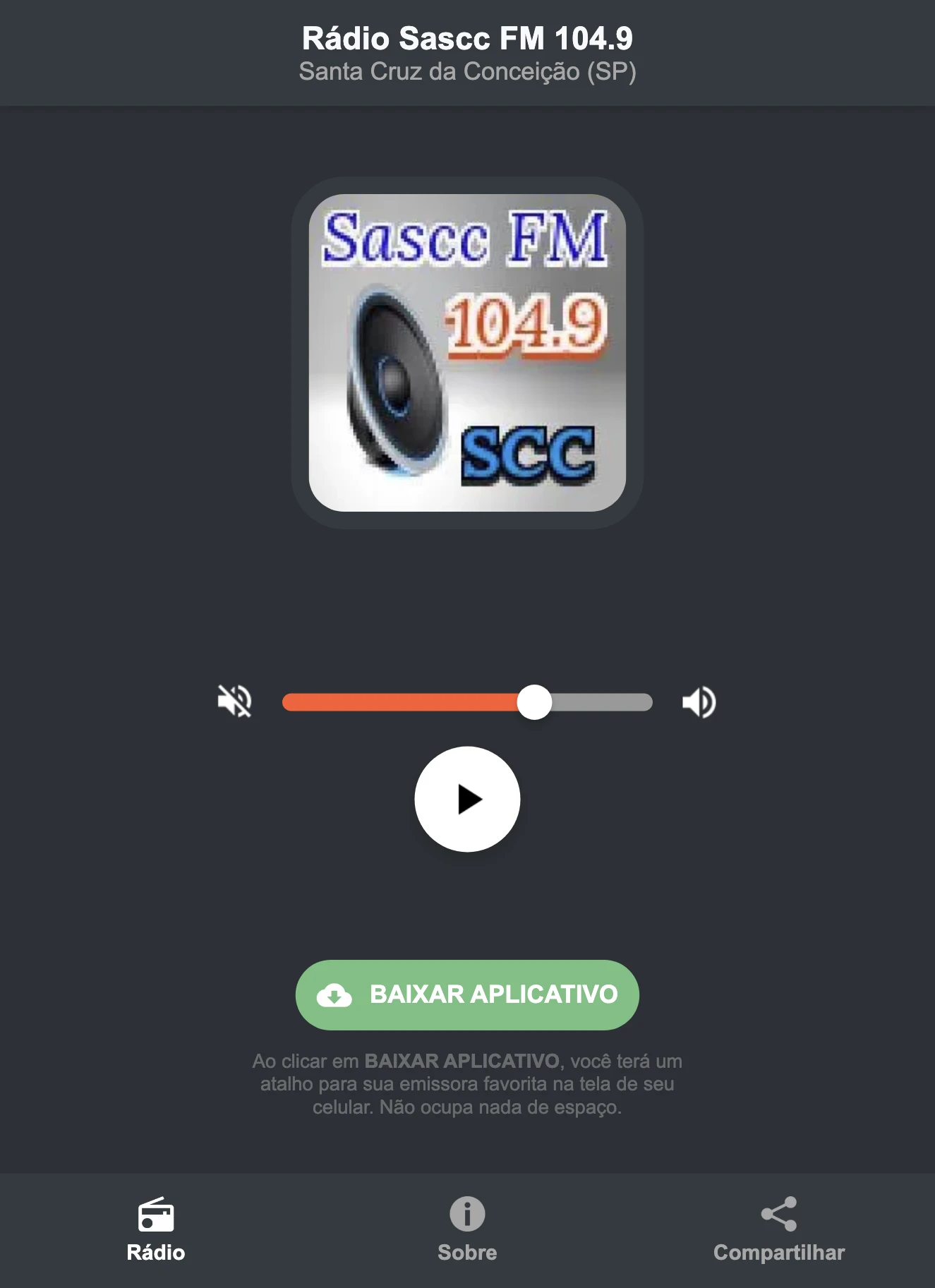 Screenshot do aplicativo da Rádio Sascc FM 104.9