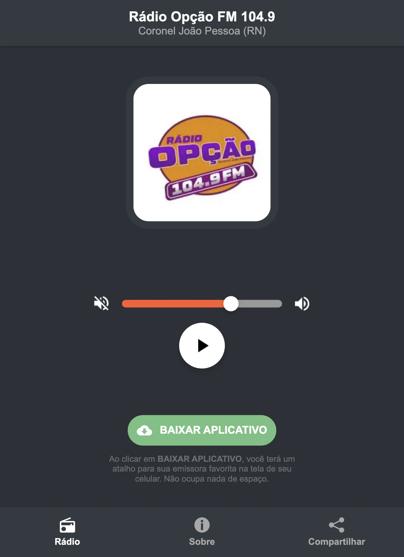 Screenshot do aplicativo da Rádio Opção FM 104.9