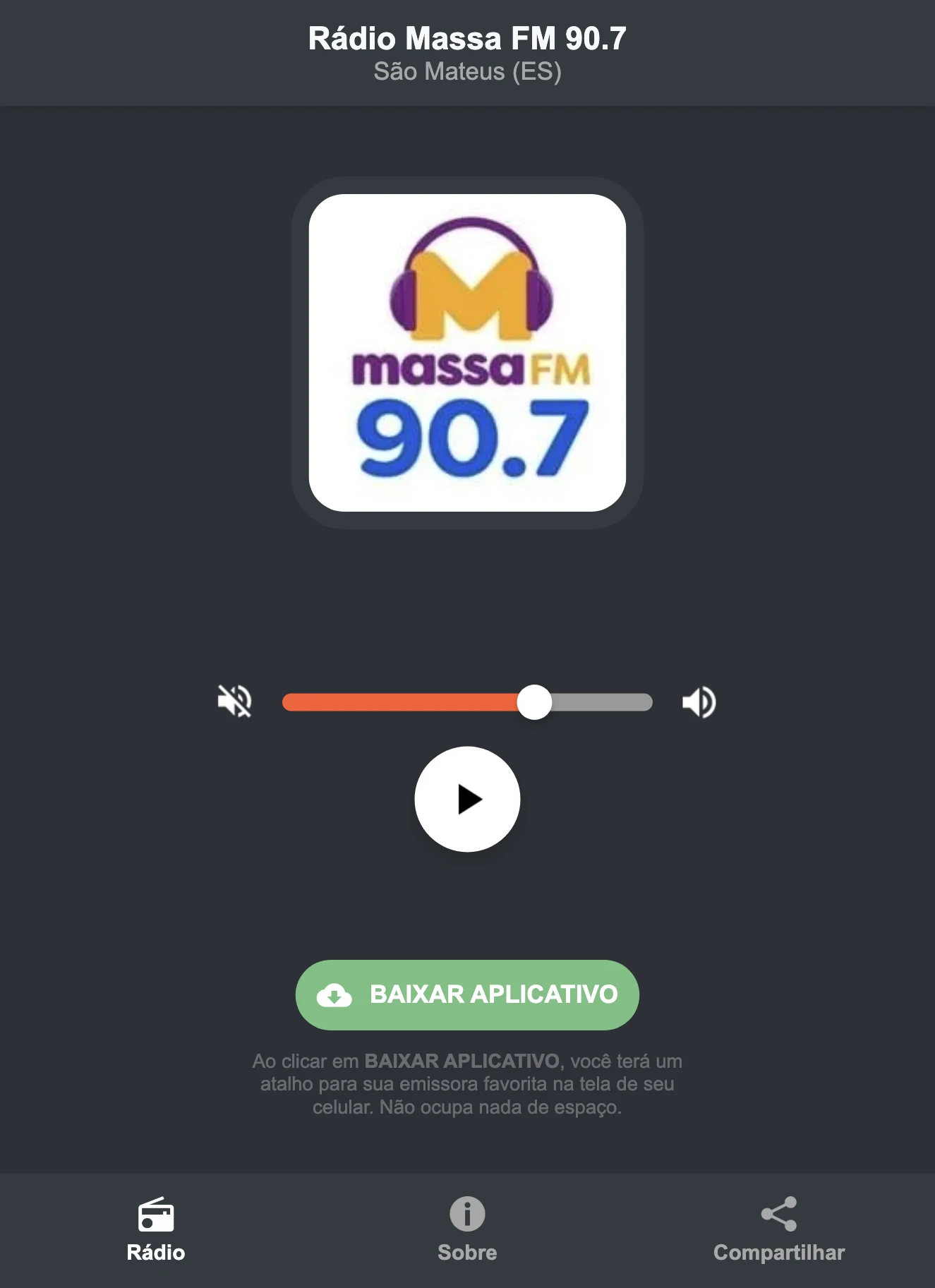 Screenshot do aplicativo da Rádio Massa FM 90.7