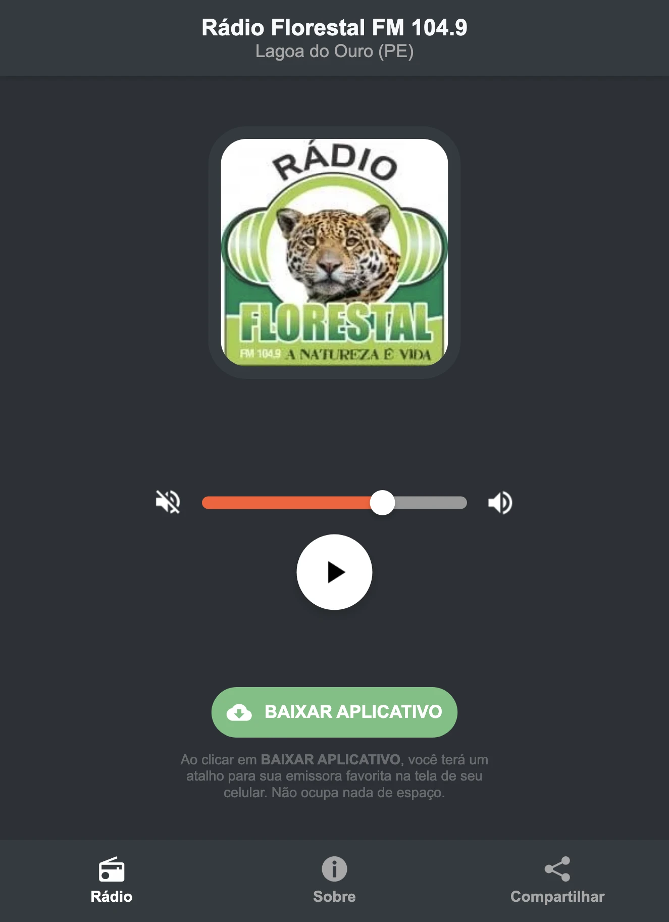 Screenshot do aplicativo da Rádio Florestal FM 104.9