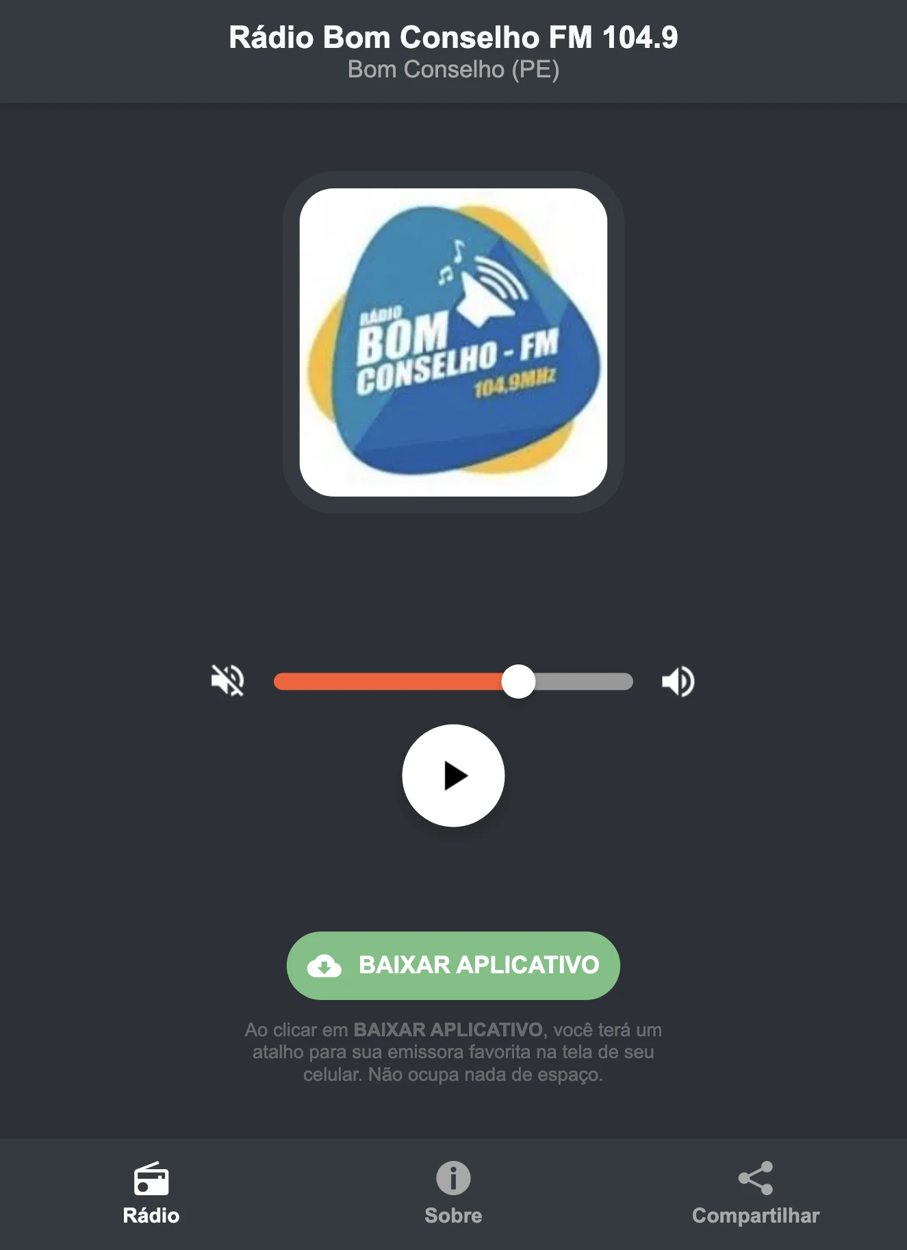 Screenshot do aplicativo da Rádio Bom Conselho FM 104.9