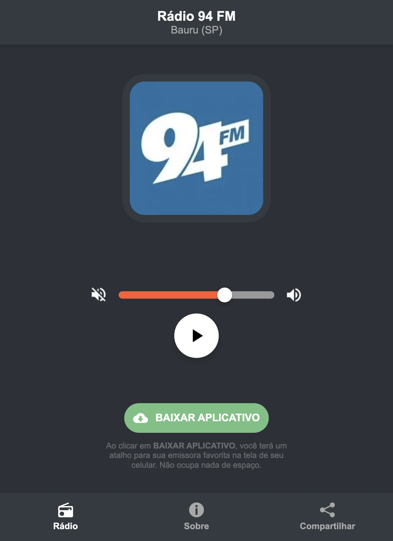 Screenshot do aplicativo da Rádio 94 FM