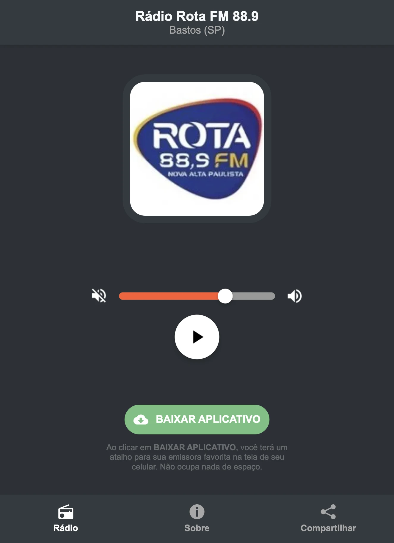 Screenshot do aplicativo da Rádio Rota FM 88.9