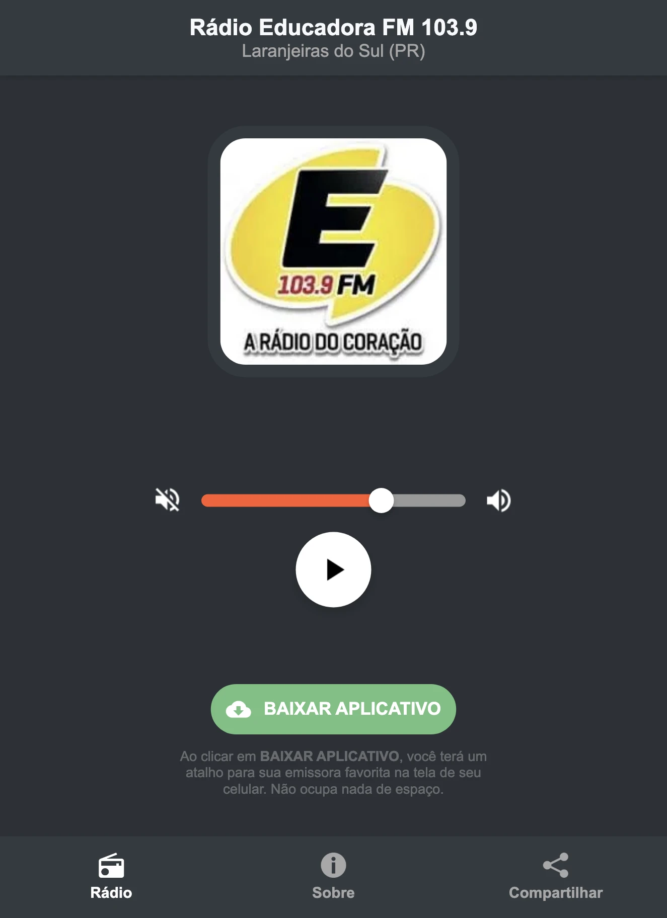 Screenshot do aplicativo da Rádio Educadora FM 103.9