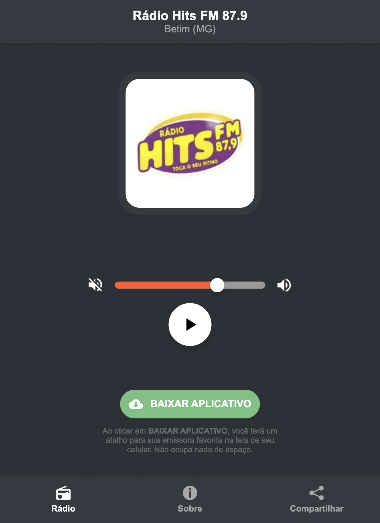 Screenshot do aplicativo da Rádio Hits FM 87.9