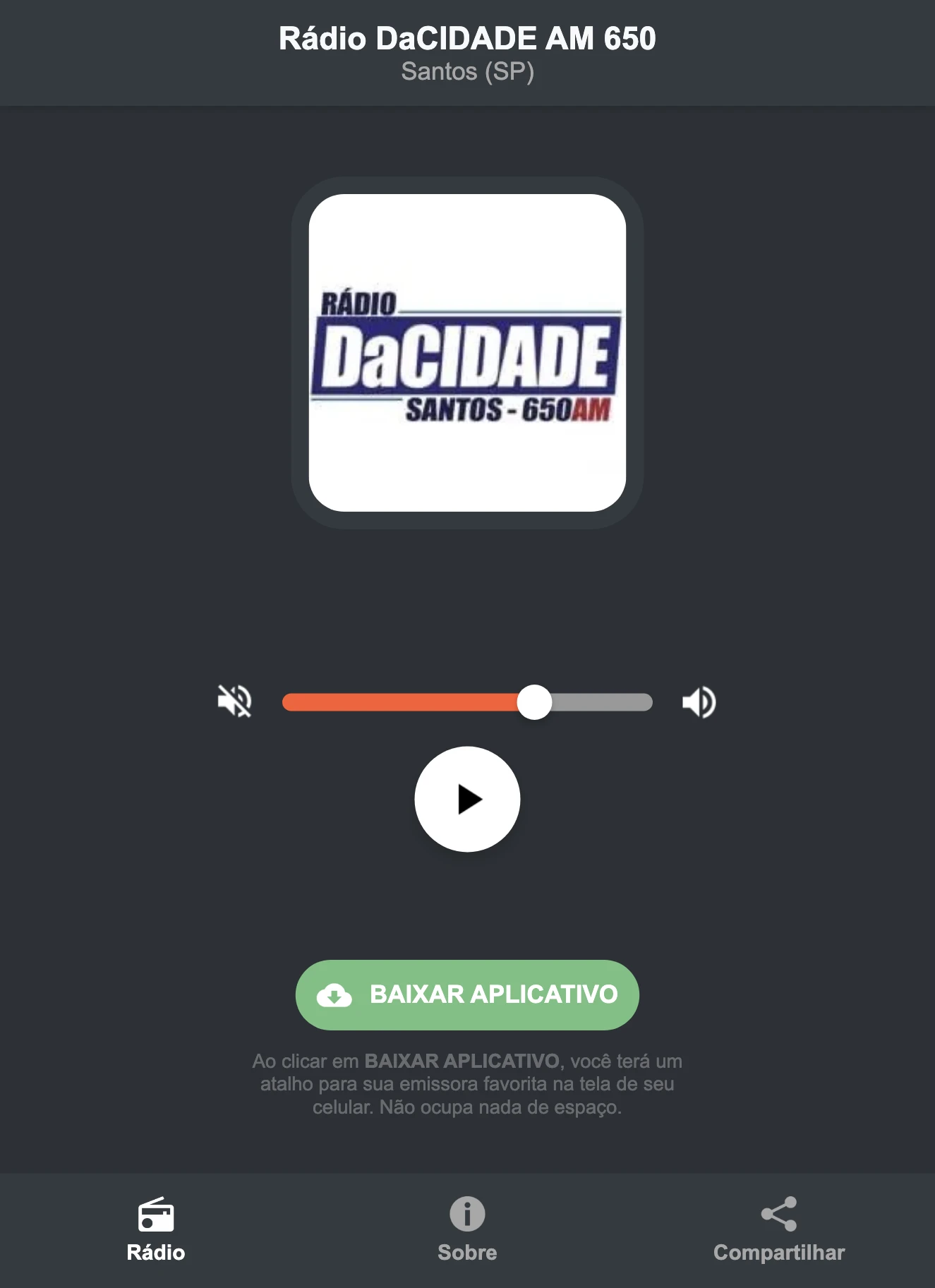 Screenshot do aplicativo da Rádio DaCIDADE AM 650