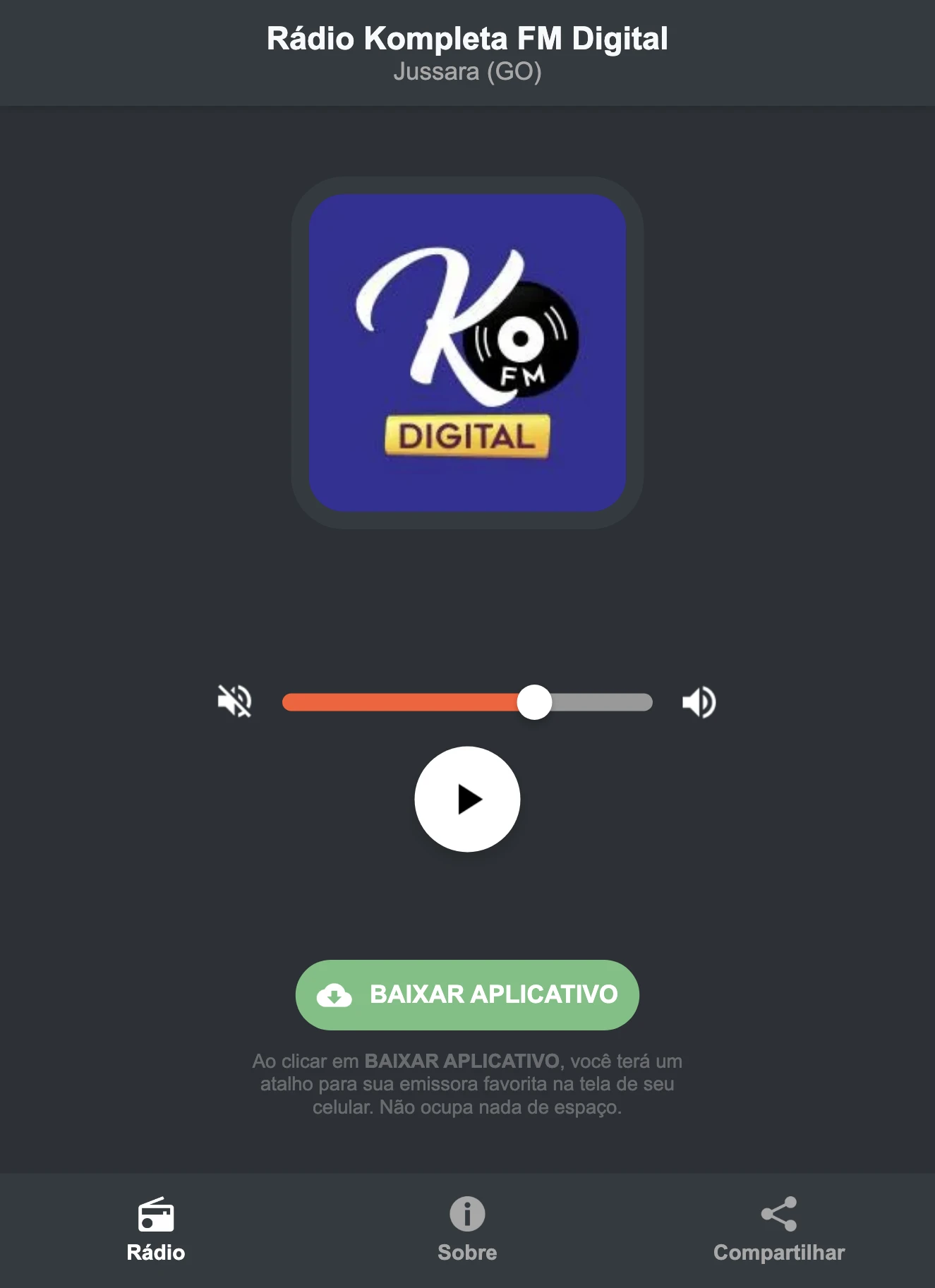 Screenshot do aplicativo da Rádio Kompleta FM Digital