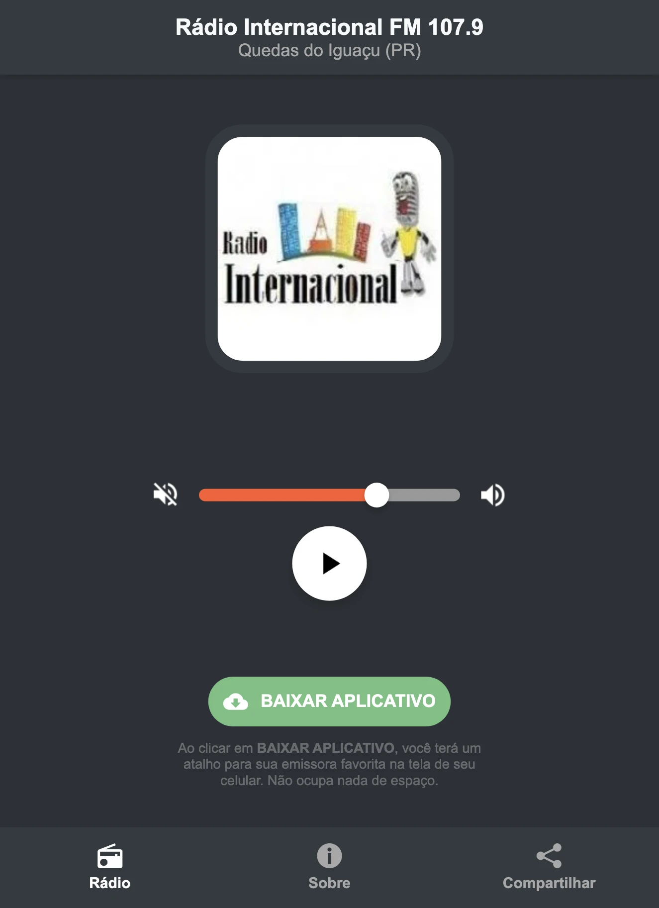 Screenshot do aplicativo da Rádio Internacional FM 107.9