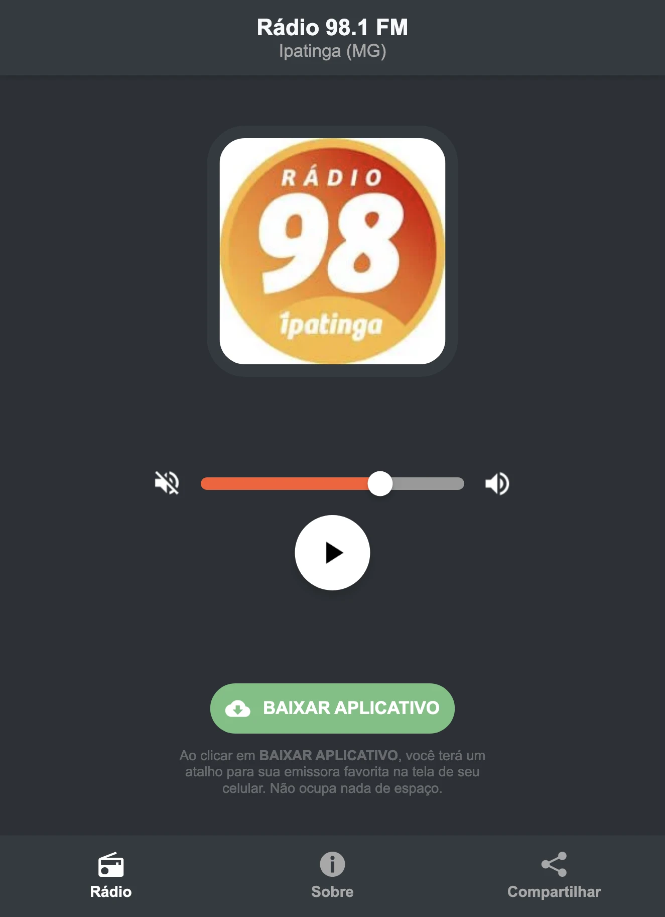 Screenshot do aplicativo da Rádio 98.1 FM