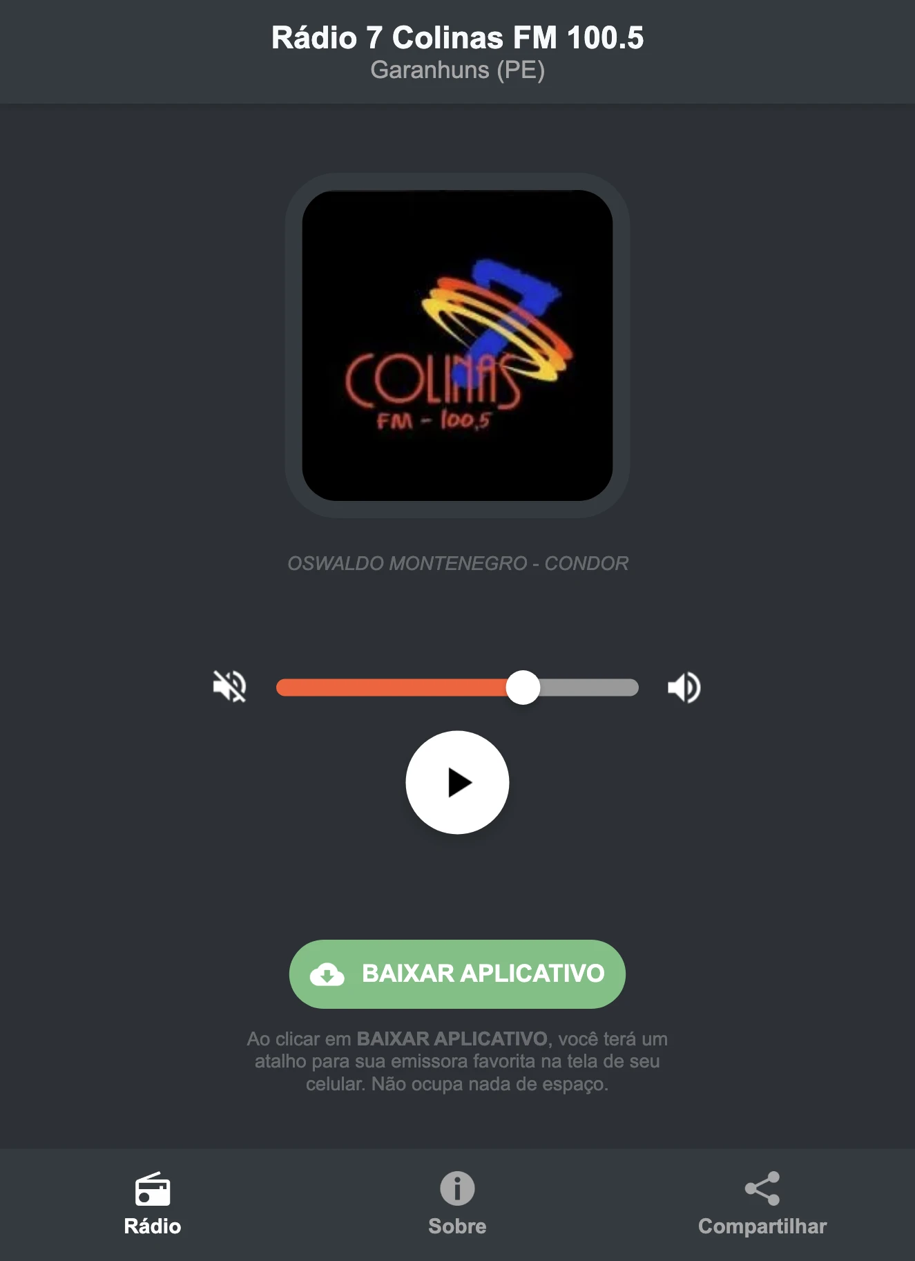 Screenshot do aplicativo da Rádio 7 Colinas FM 100.5