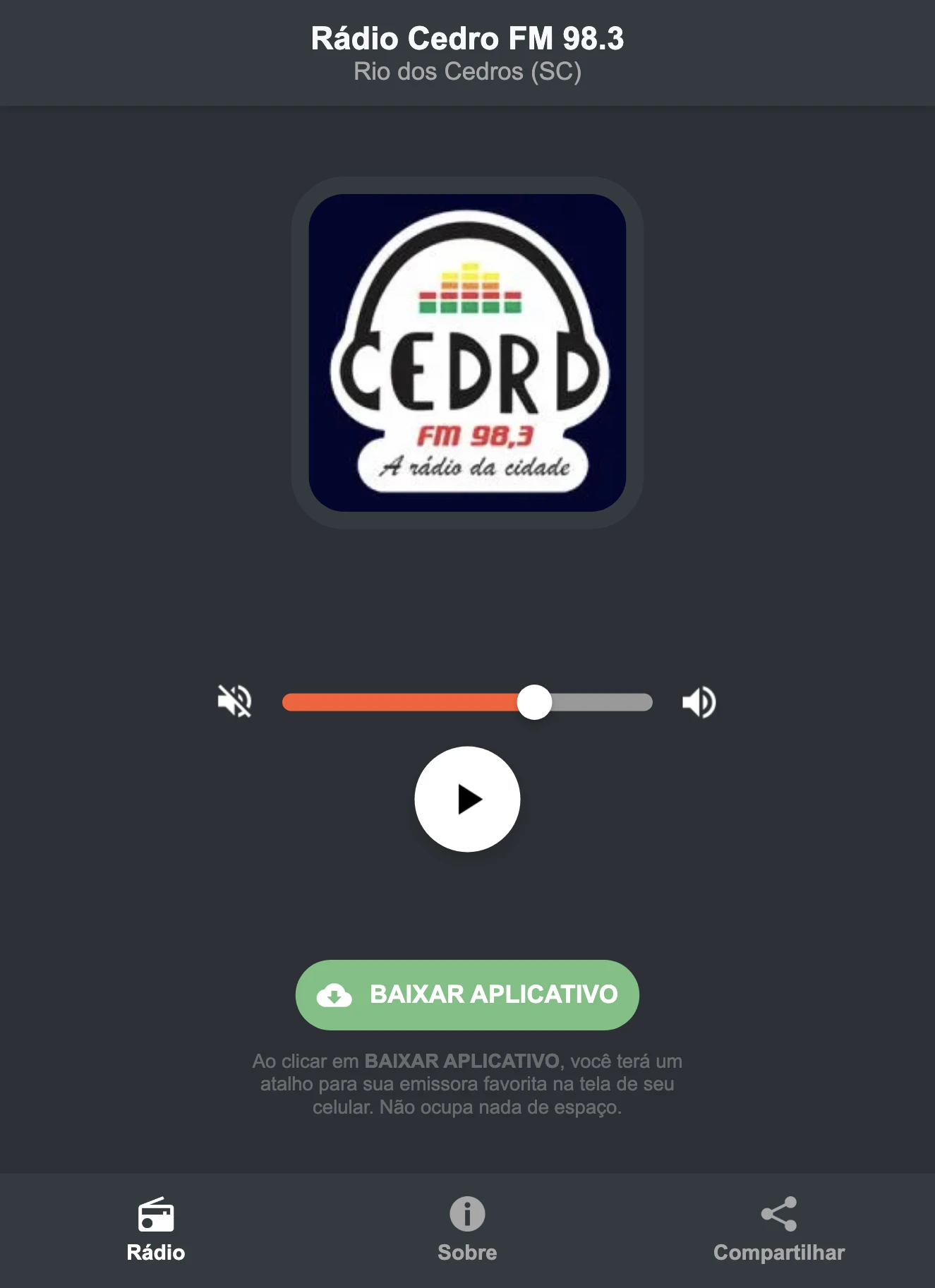 Screenshot do aplicativo da Rádio Cedro FM 98.3